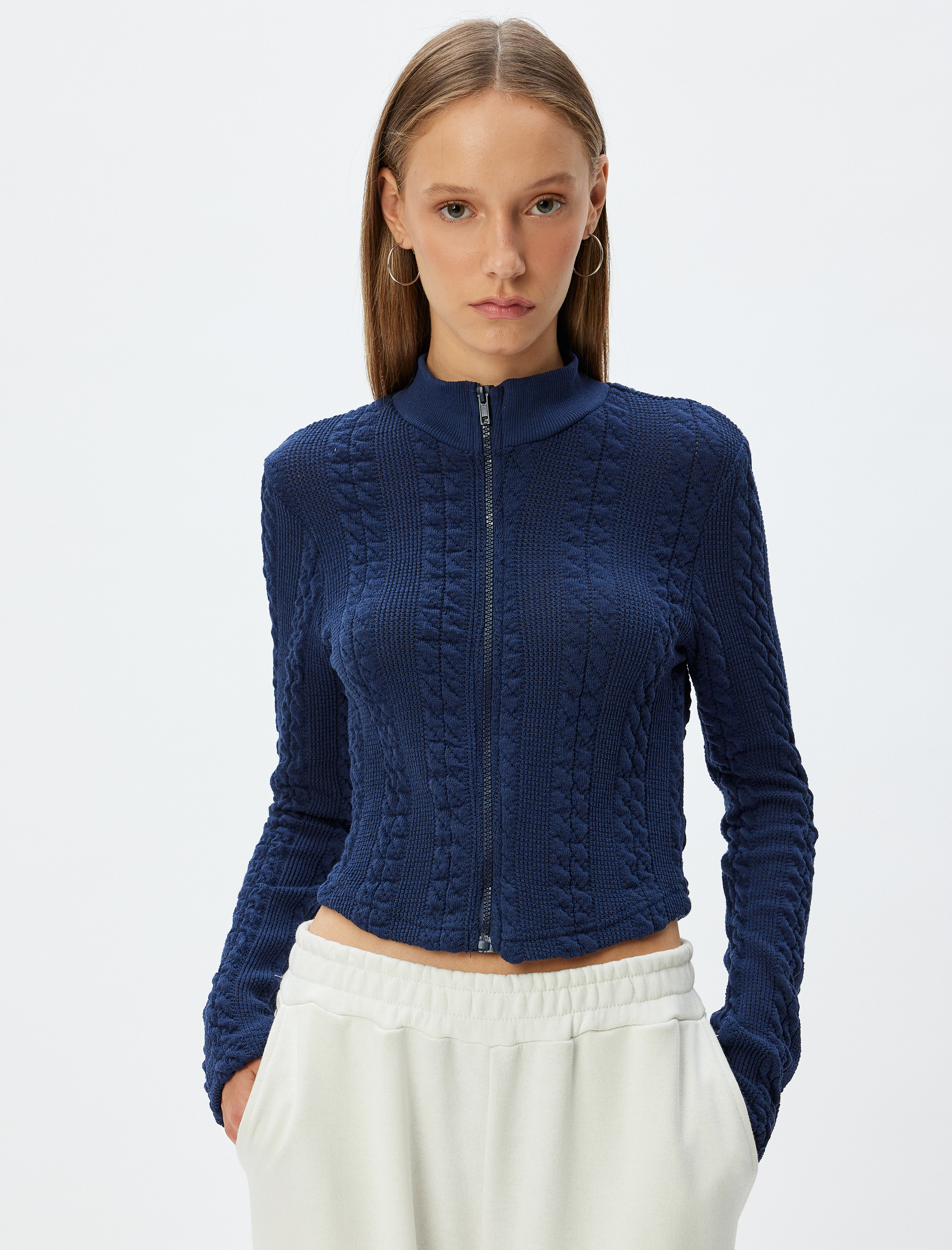   Fermuarlı Hırka Saç Örgü Dokulu Dik Yaka Slim Fit