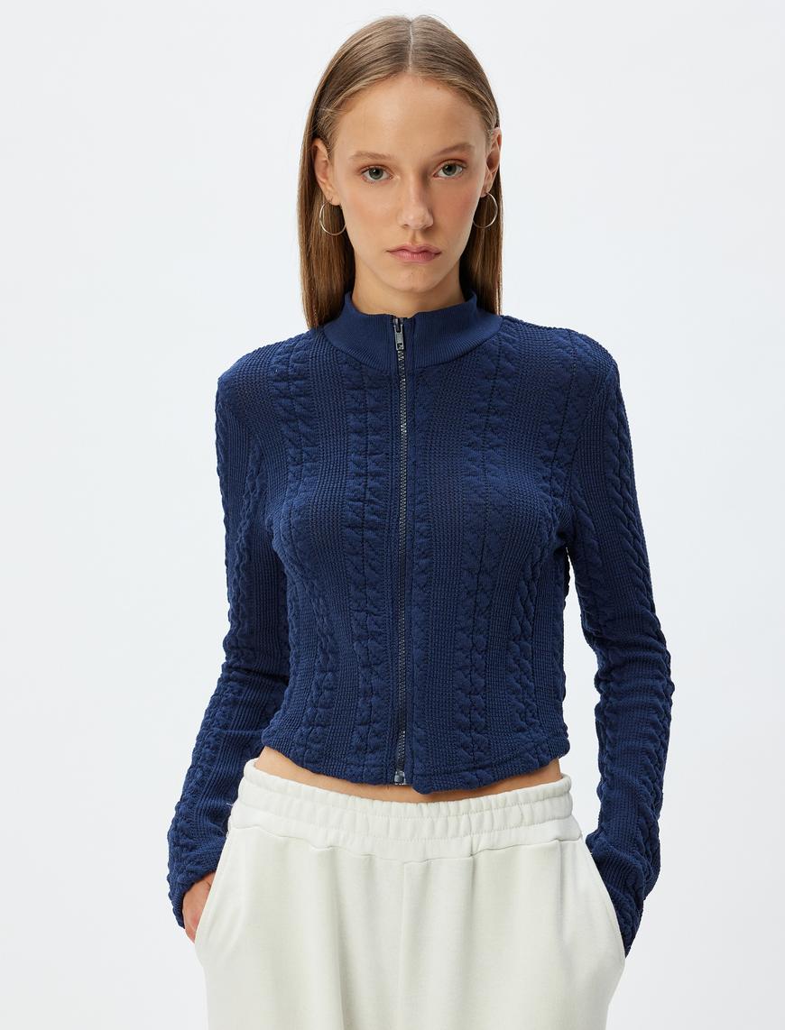   Fermuarlı Hırka Saç Örgü Dokulu Dik Yaka Slim Fit