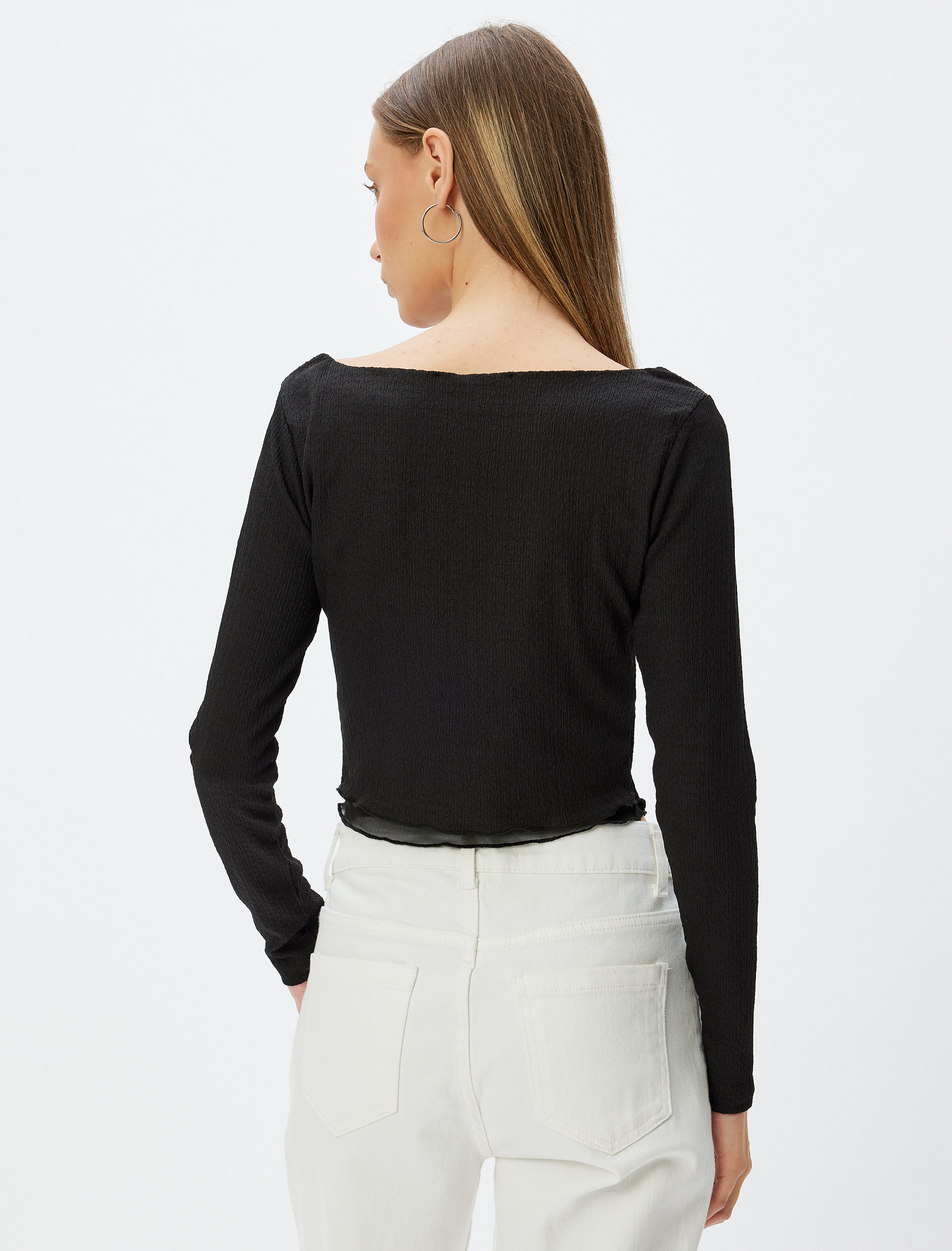   Uzun Kollu Bluz Bisiklet Yaka Asimetrik Kesim Slim Fit Bürümcük