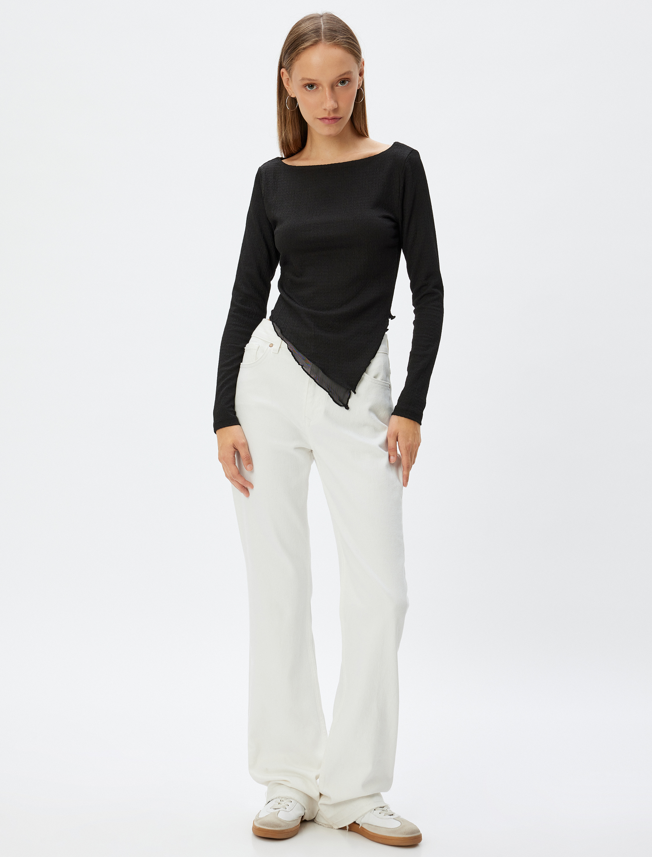   Uzun Kollu Bluz Bisiklet Yaka Asimetrik Kesim Slim Fit Bürümcük