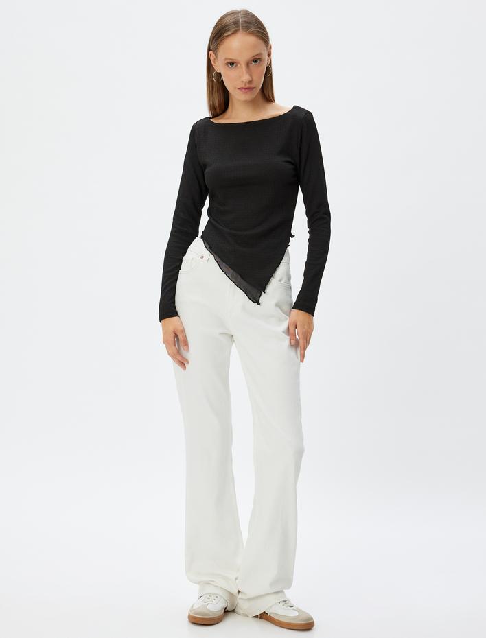  Uzun Kollu Bluz Bisiklet Yaka Asimetrik Kesim Slim Fit Bürümcük