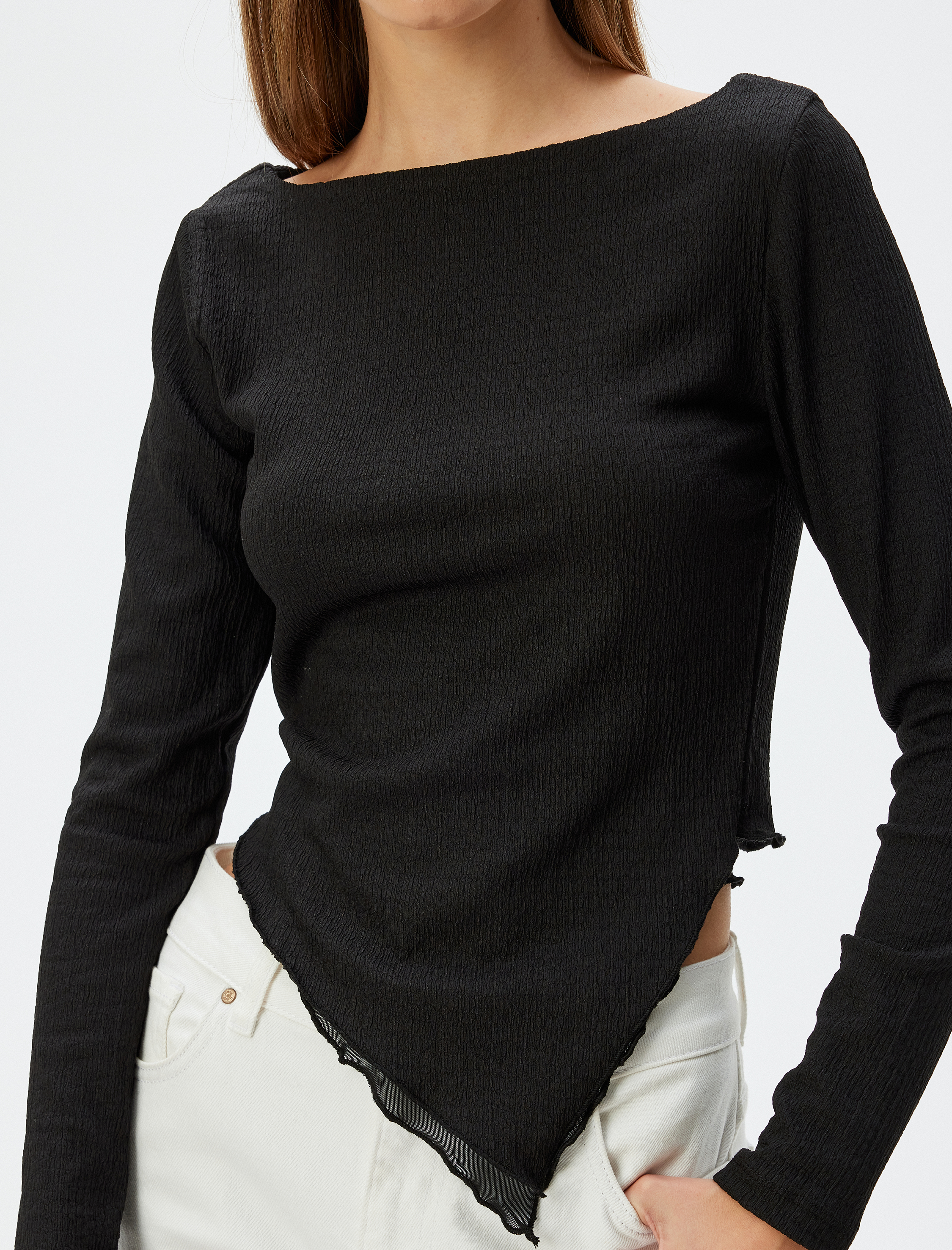   Uzun Kollu Bluz Bisiklet Yaka Asimetrik Kesim Slim Fit Bürümcük