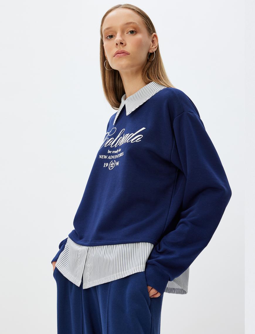  Gömlek Yaka Sweatshirt Oversize Kolej Baskılı Şardonlu