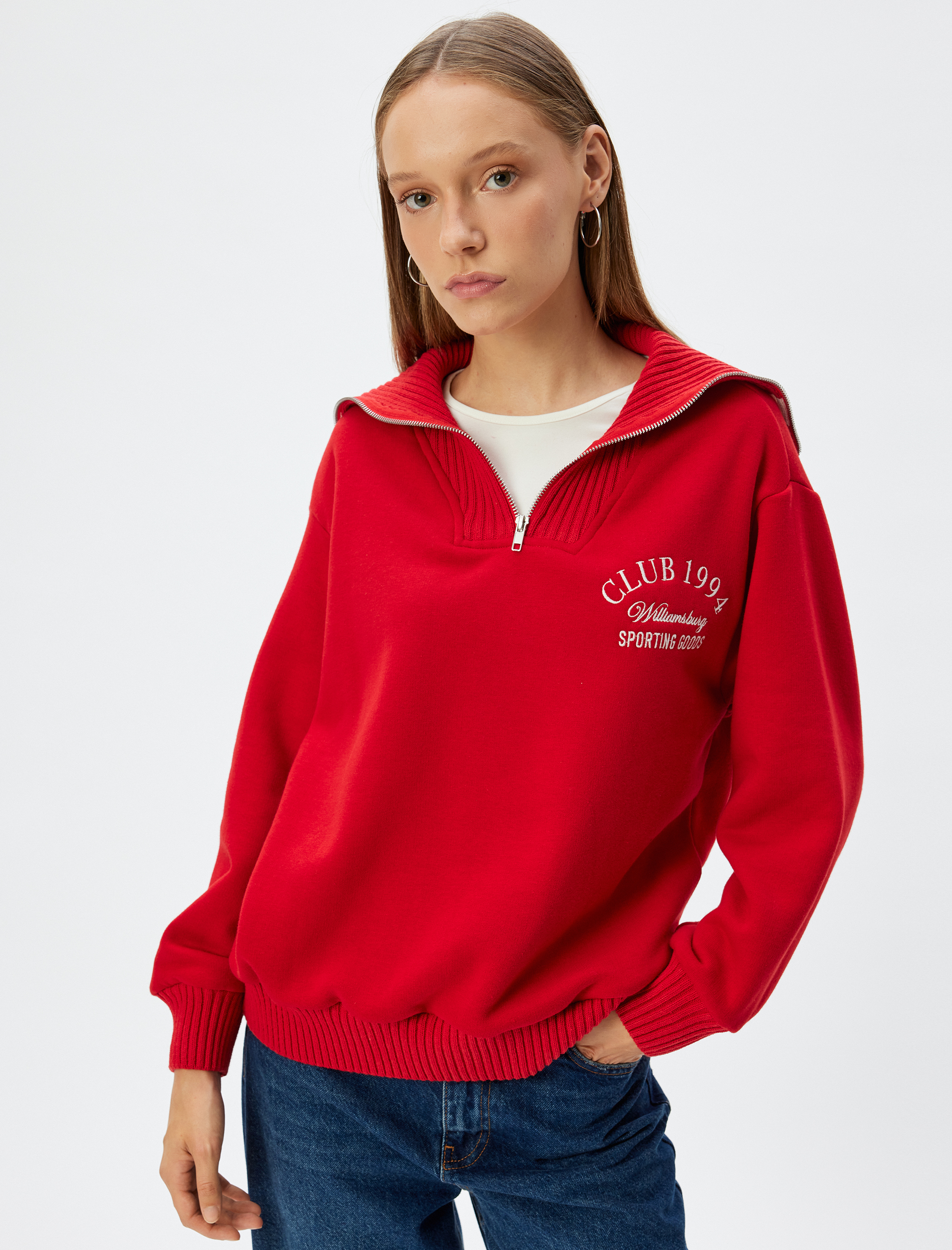   Yarım Fermuarlı Sweatshirt Kolej İşlemeli Dik Yaka Biyeli Şardonlu