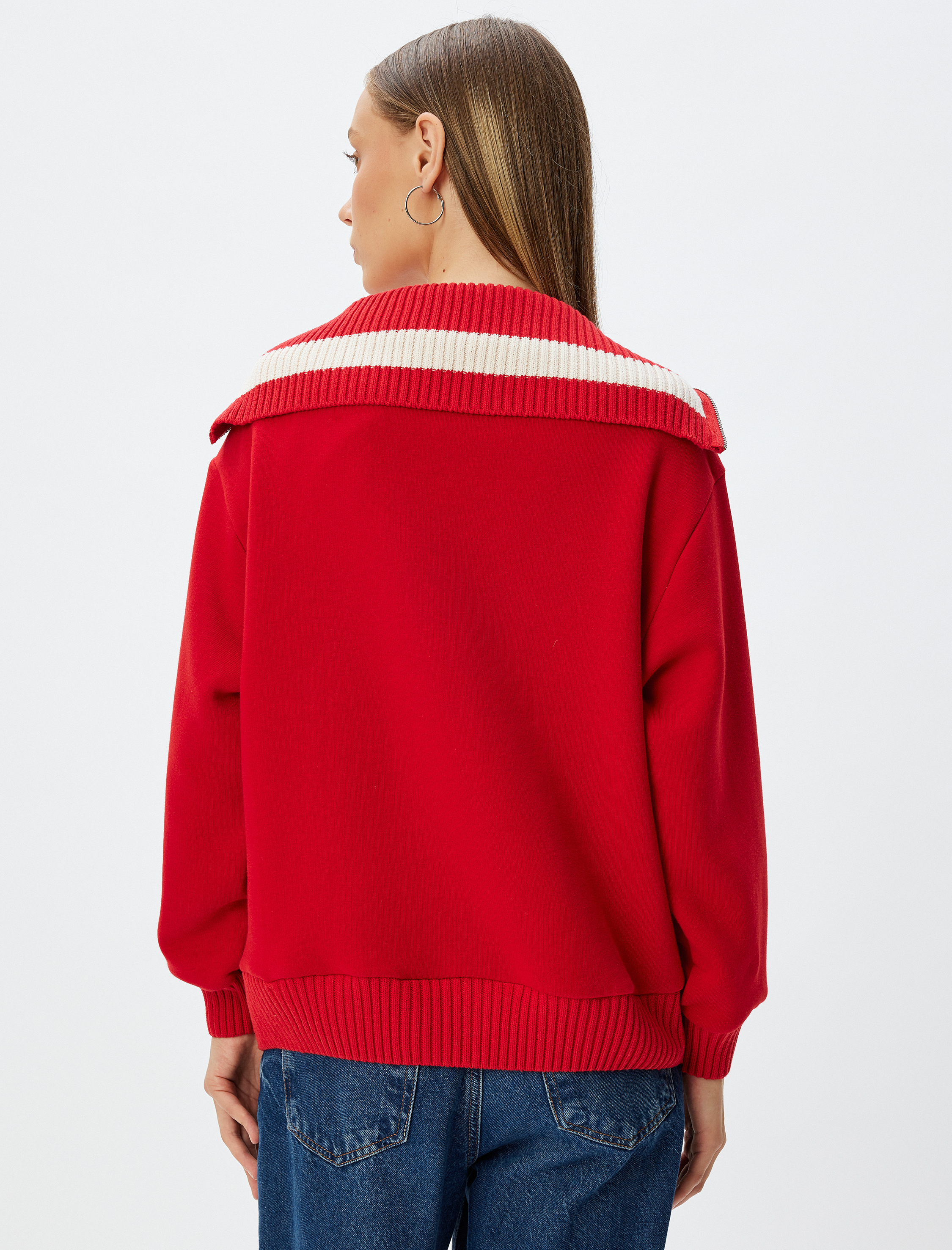   Yarım Fermuarlı Sweatshirt Kolej İşlemeli Dik Yaka Biyeli Şardonlu