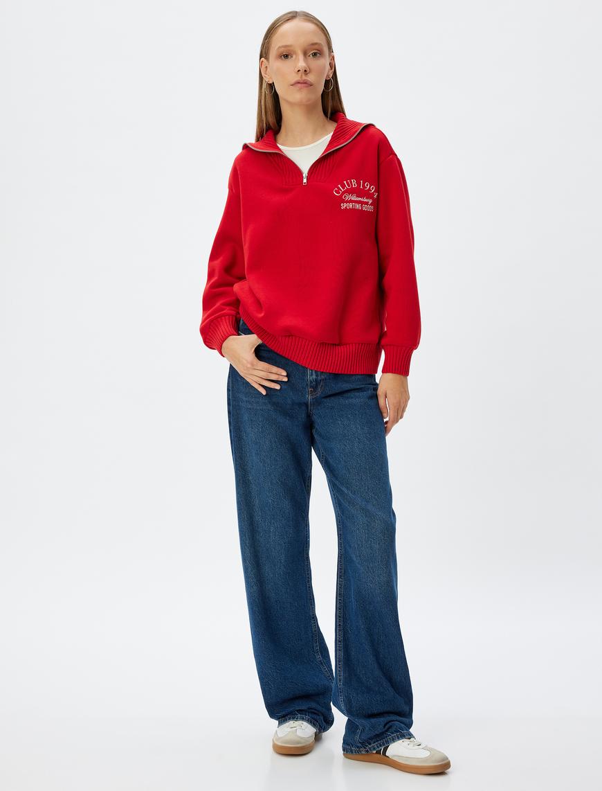   Yarım Fermuarlı Sweatshirt Kolej İşlemeli Dik Yaka Biyeli Şardonlu