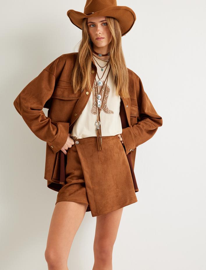  Suni Süet Gömlek Ceket Kapaklı Cep Detaylı Rahat Kalıp