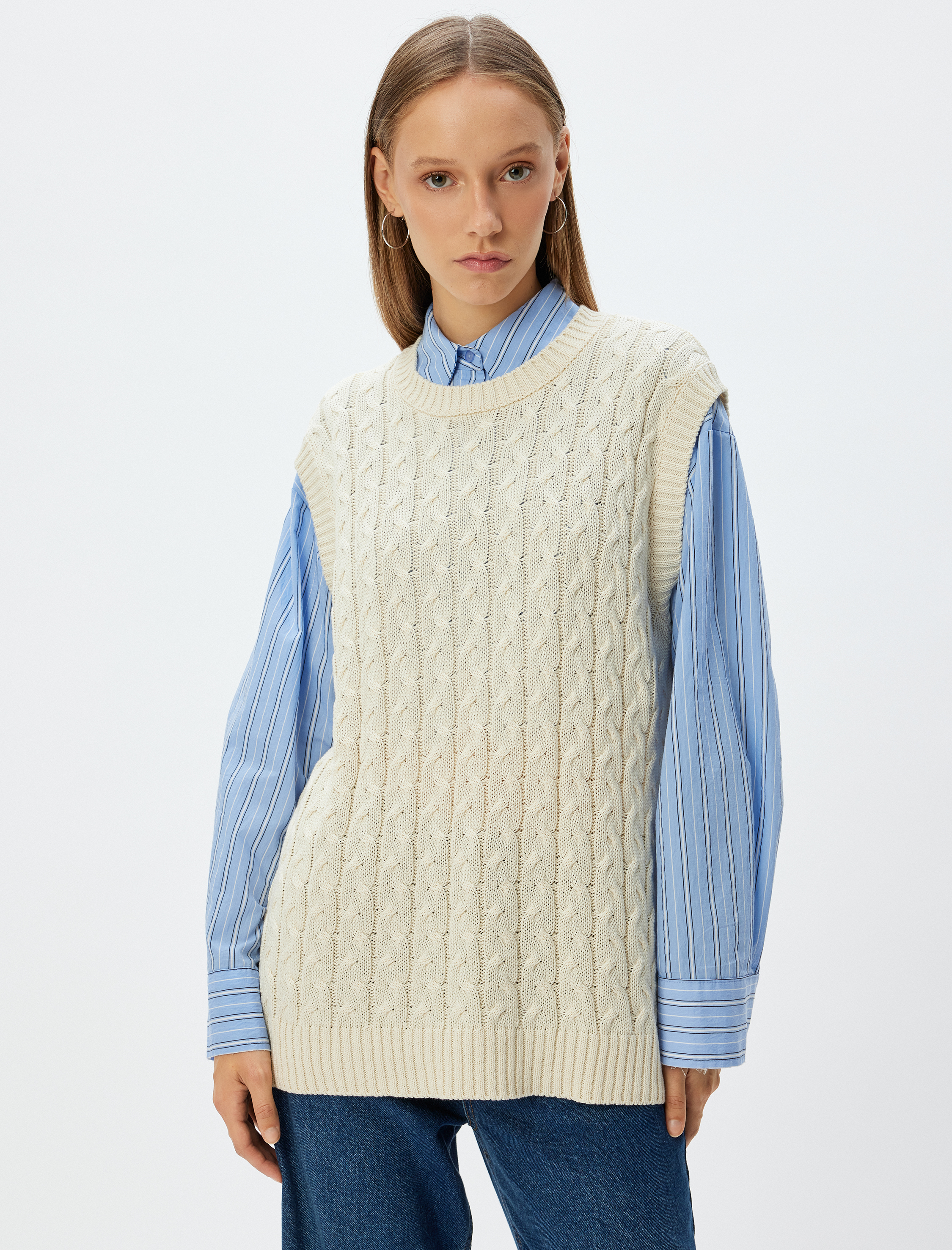   Oversize Süveter Saç Örgü Dokulu Bisiklet Yaka Kolsuz