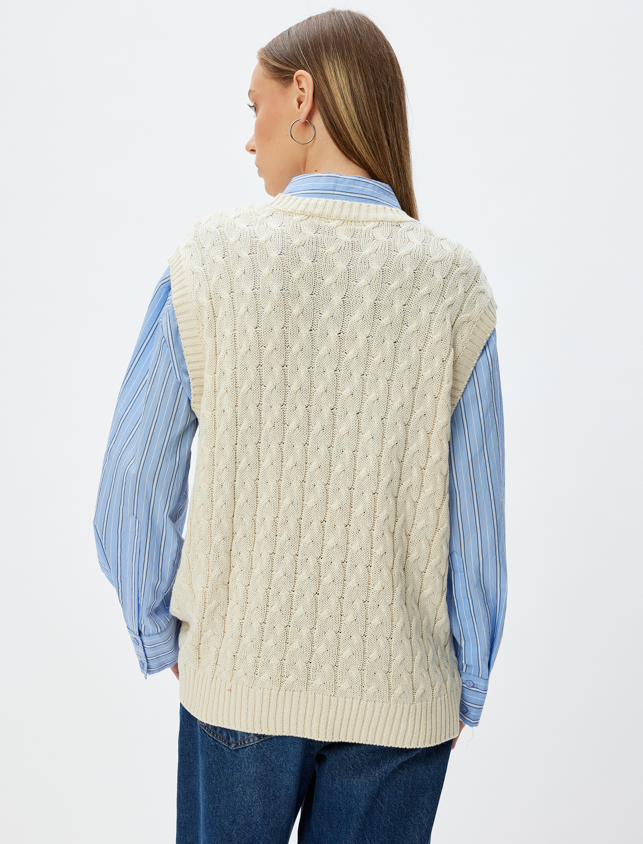   Oversize Süveter Saç Örgü Dokulu Bisiklet Yaka Kolsuz