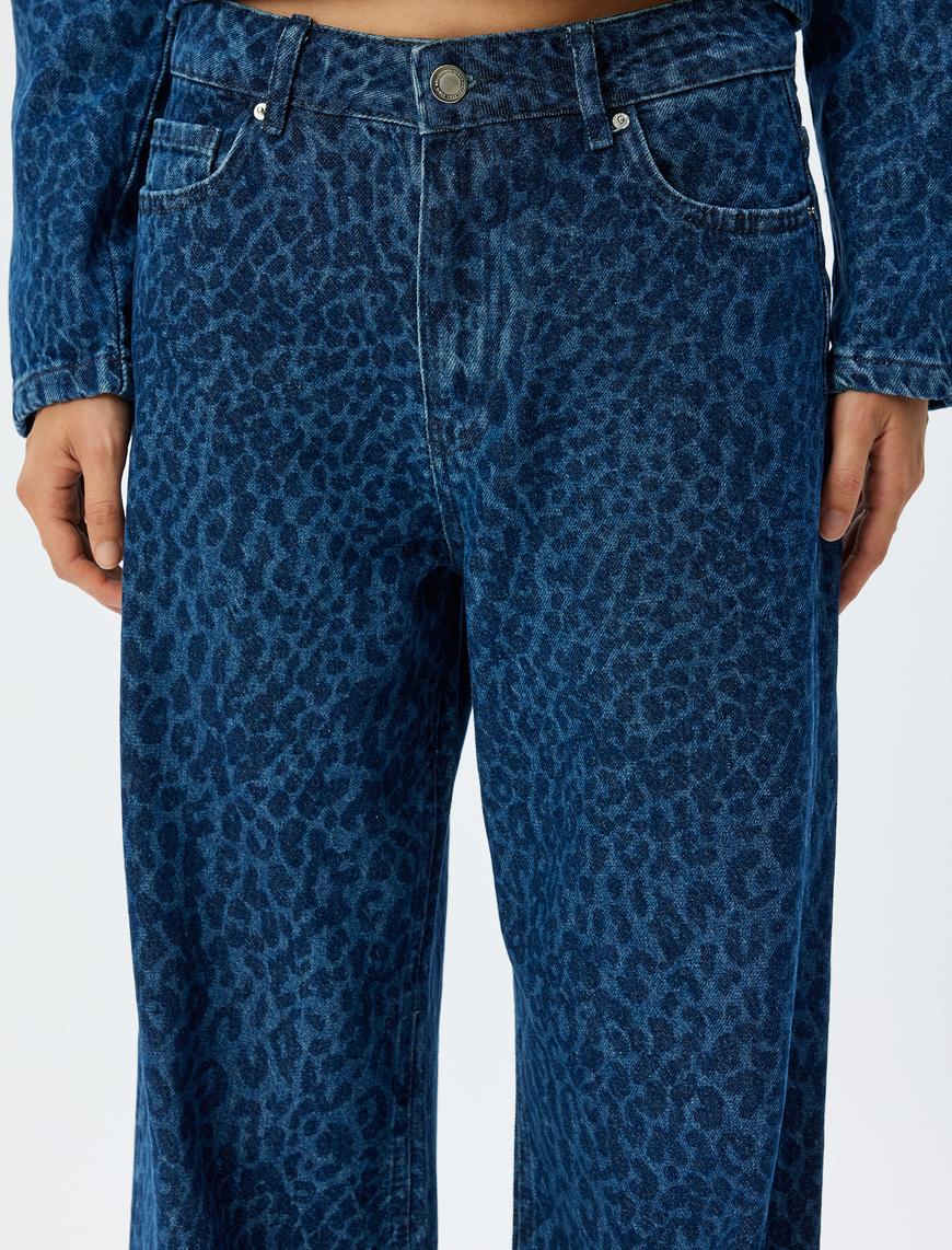   Geniş Paça Kot Pantolon Leopar Baskılı Standart Bel Düğmeli Cepli - Wide Leg Jeans