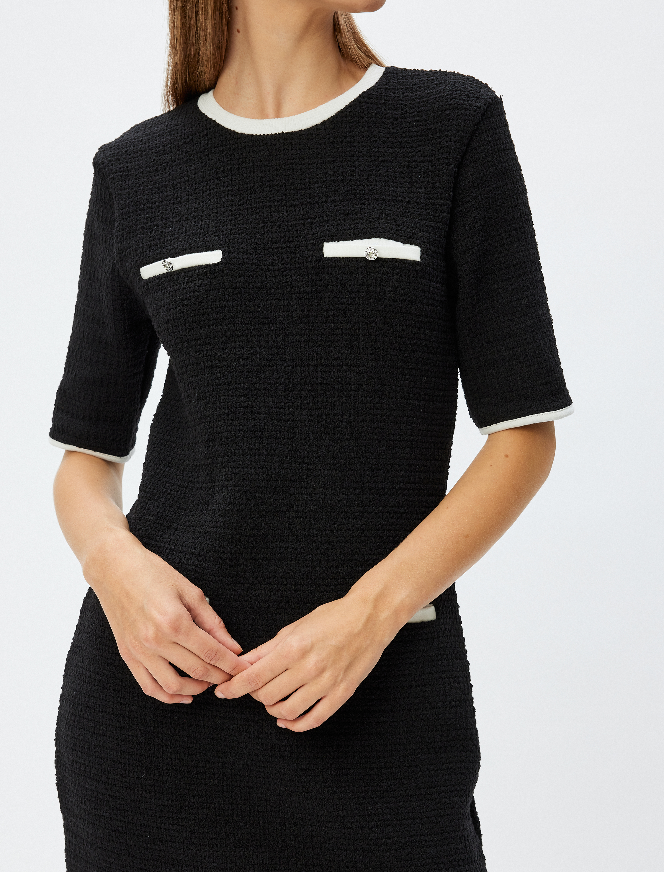   Mini Örme Cep Detaylı Kısa Kollu Bisiklet Yaka Elbise