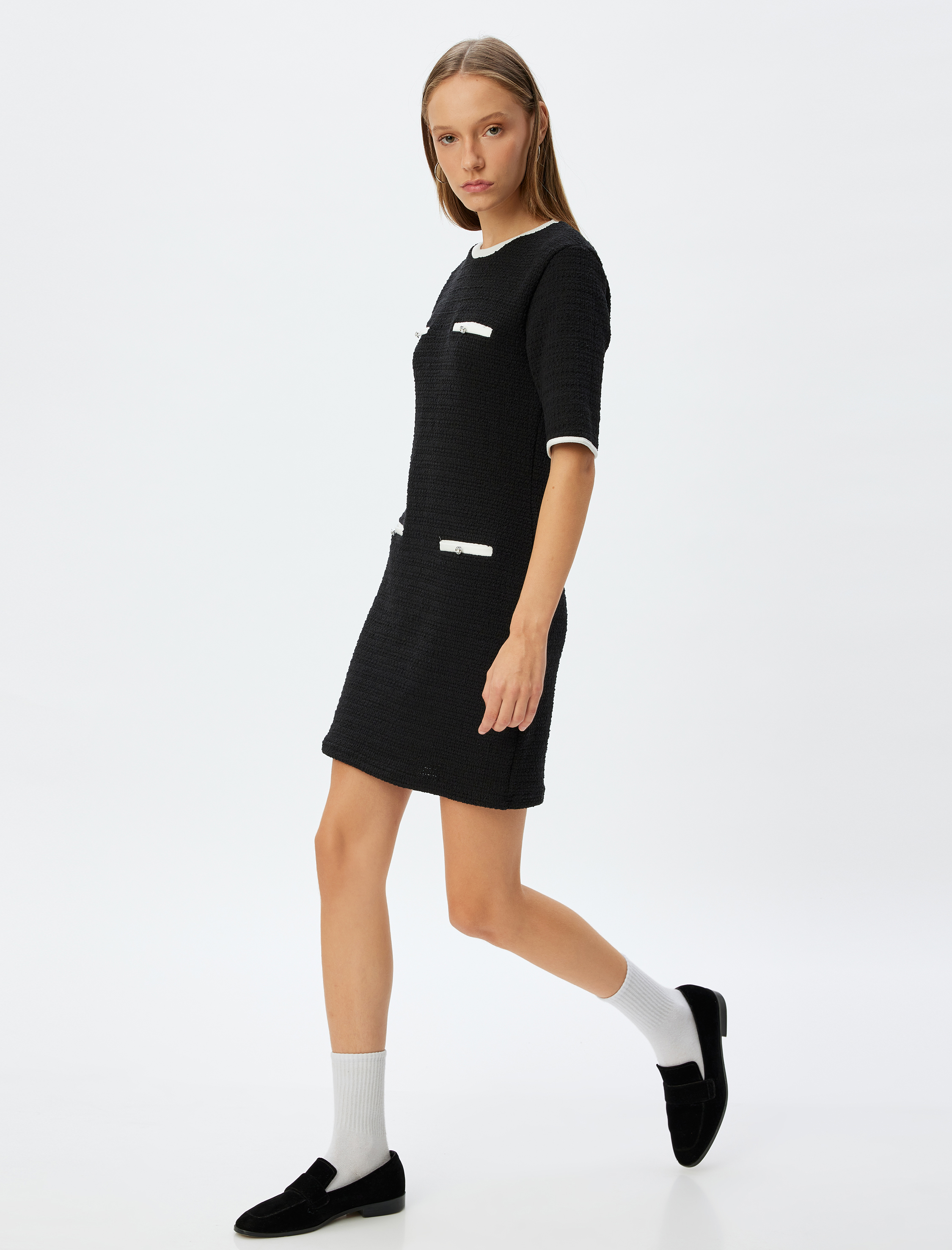   Mini Örme Cep Detaylı Kısa Kollu Bisiklet Yaka Elbise