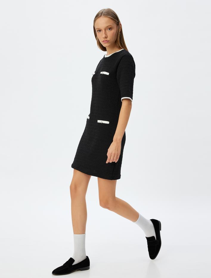  Mini Örme Cep Detaylı Kısa Kollu Bisiklet Yaka Elbise