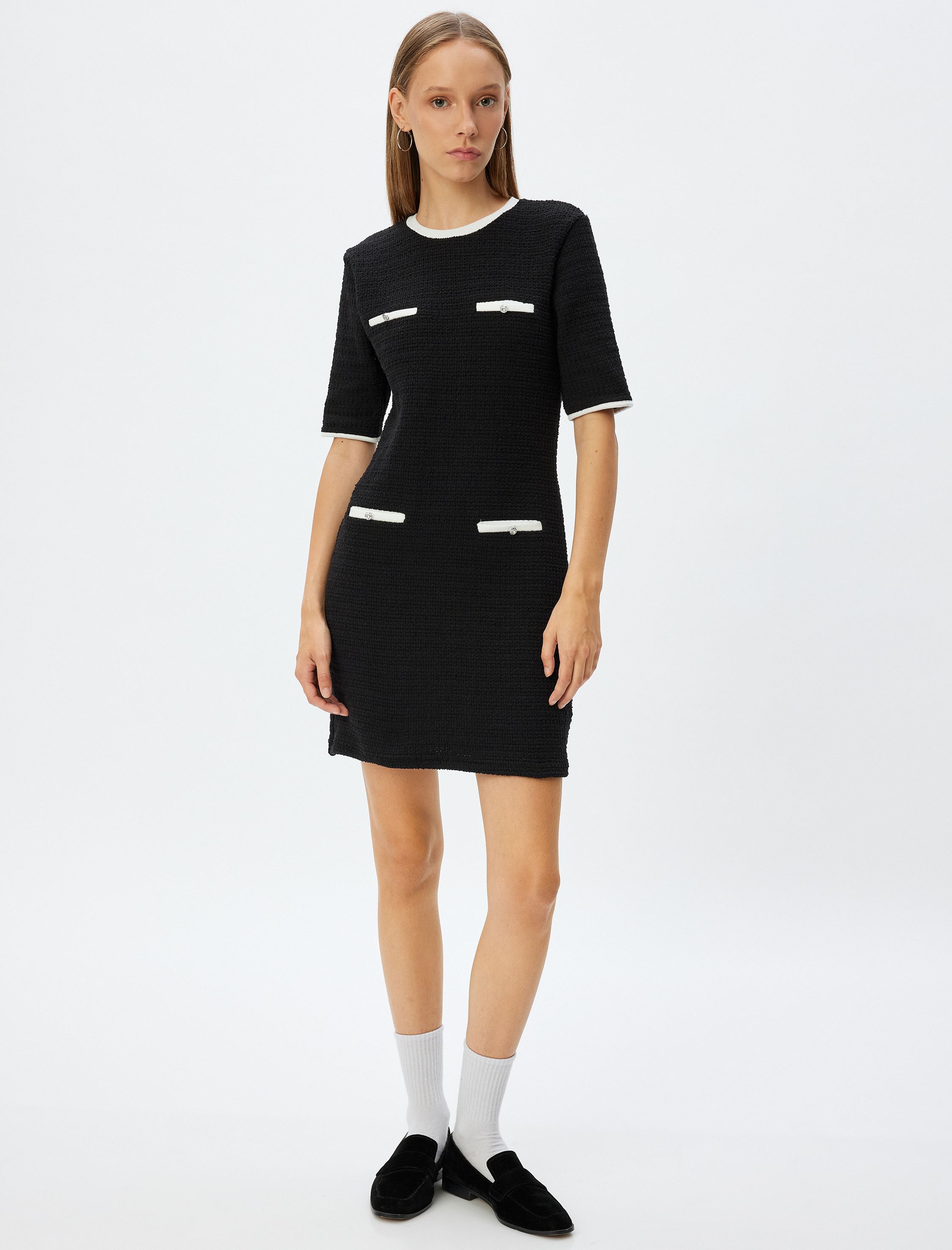   Mini Örme Cep Detaylı Kısa Kollu Bisiklet Yaka Elbise