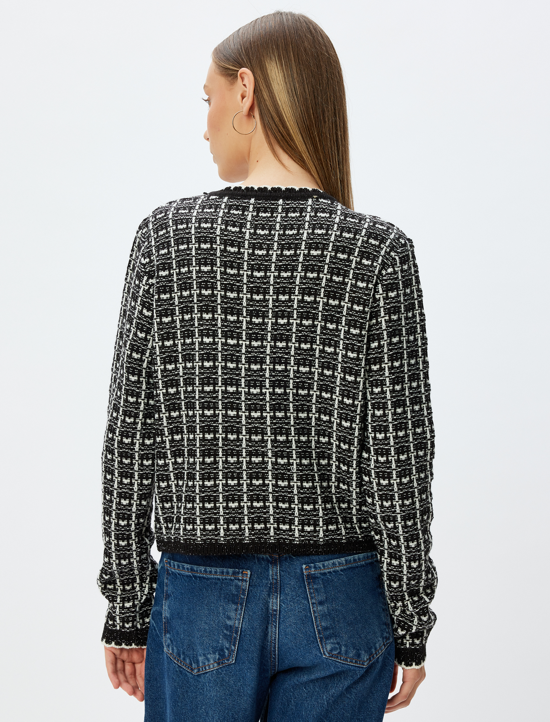   Triko Hırka Bisiklet Yaka Düğmeli Cep Detaylı Simli Dokulu