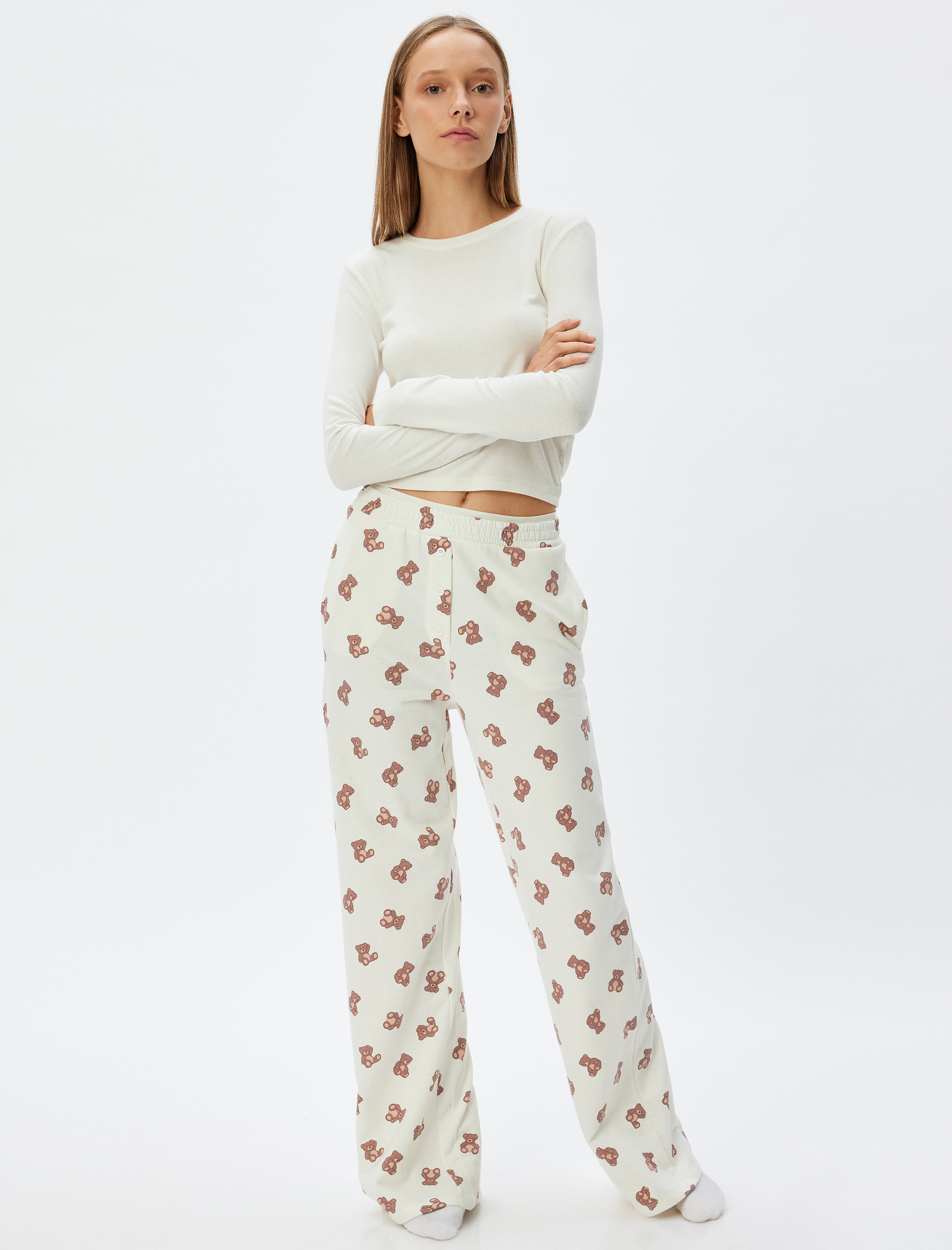   İki İplik Şardonlu Ayıcık Baskılı Pijama Altı Cepli Standart Bel Pamuklu