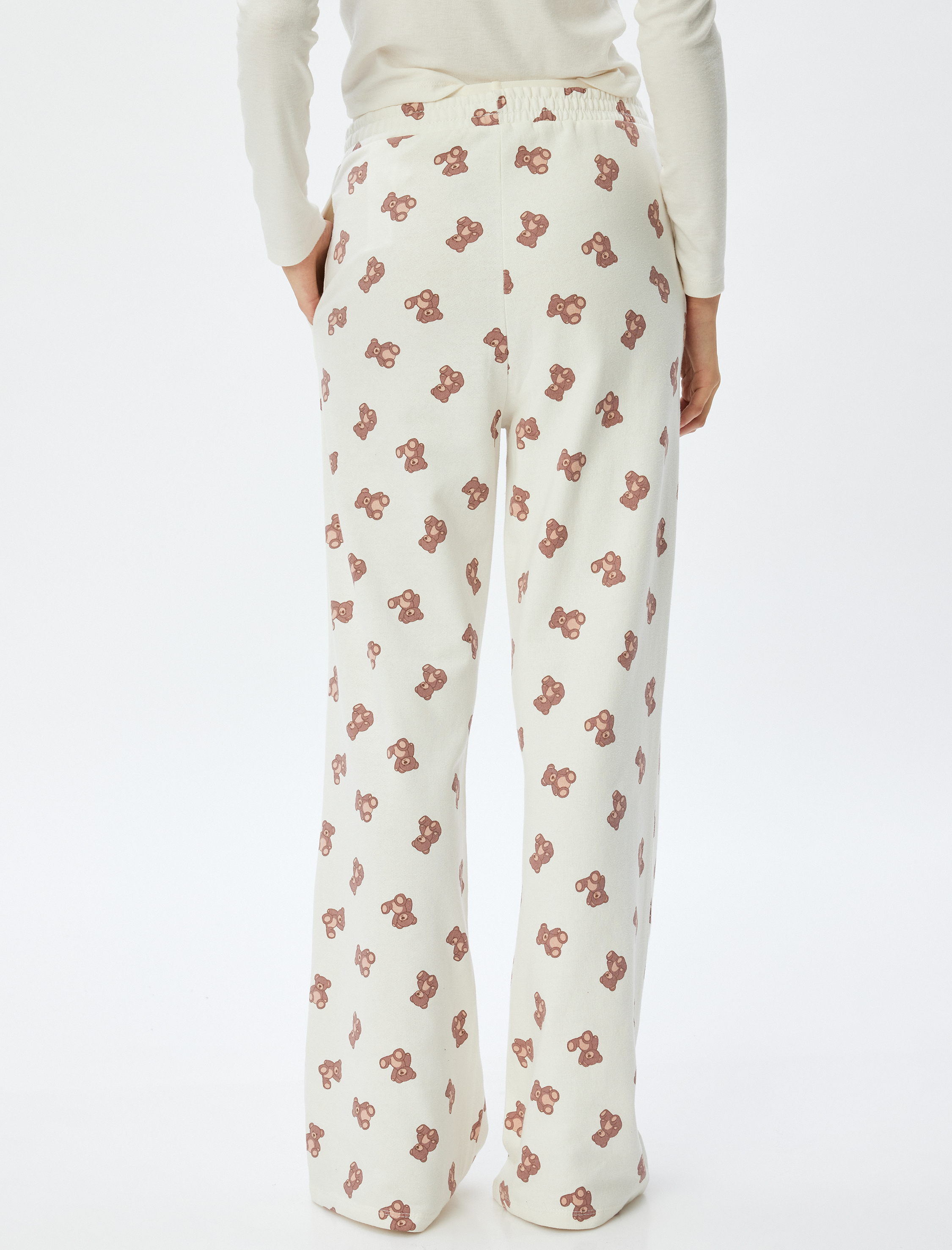   İki İplik Şardonlu Ayıcık Baskılı Pijama Altı Cepli Standart Bel Pamuklu