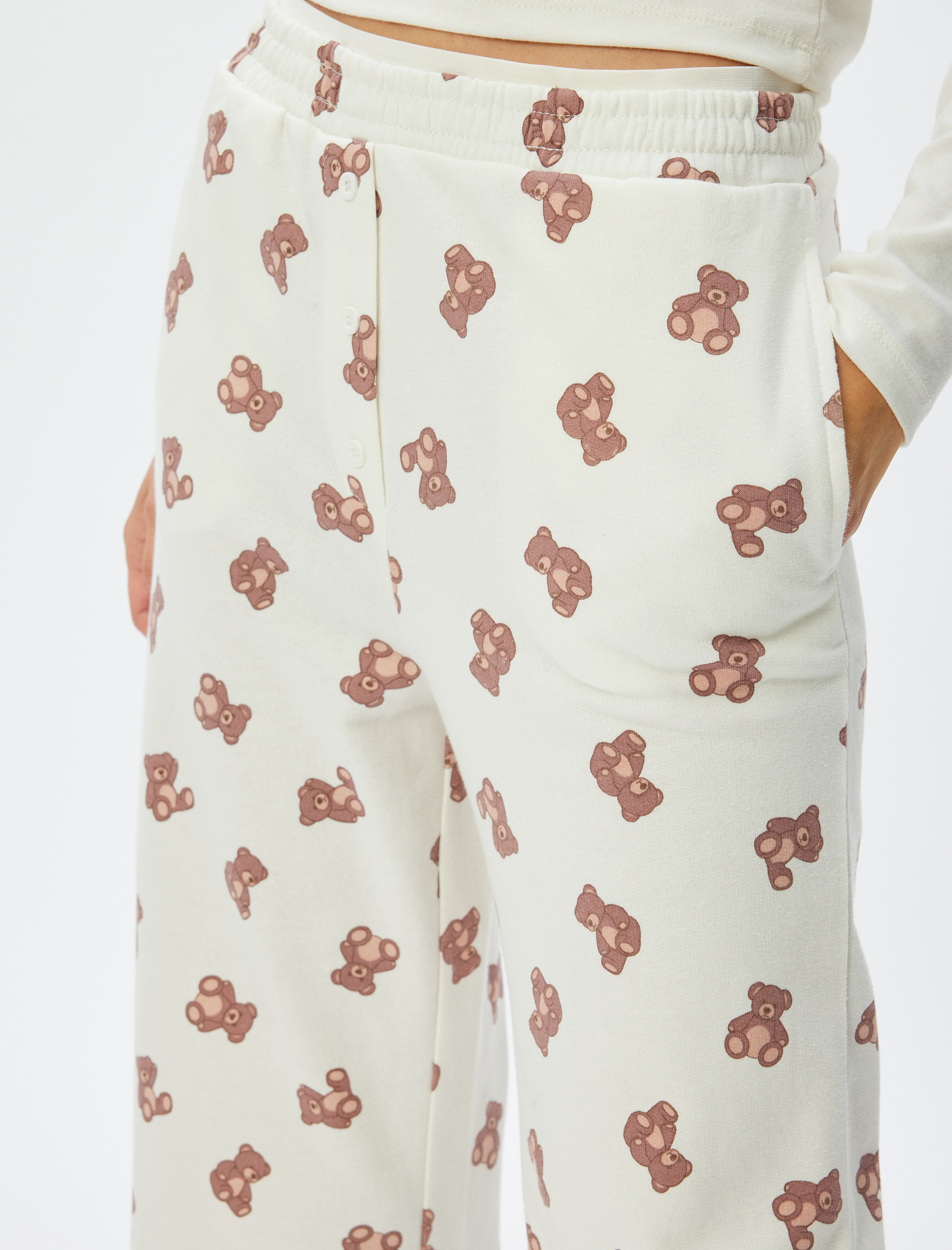   İki İplik Şardonlu Ayıcık Baskılı Pijama Altı Cepli Standart Bel Pamuklu