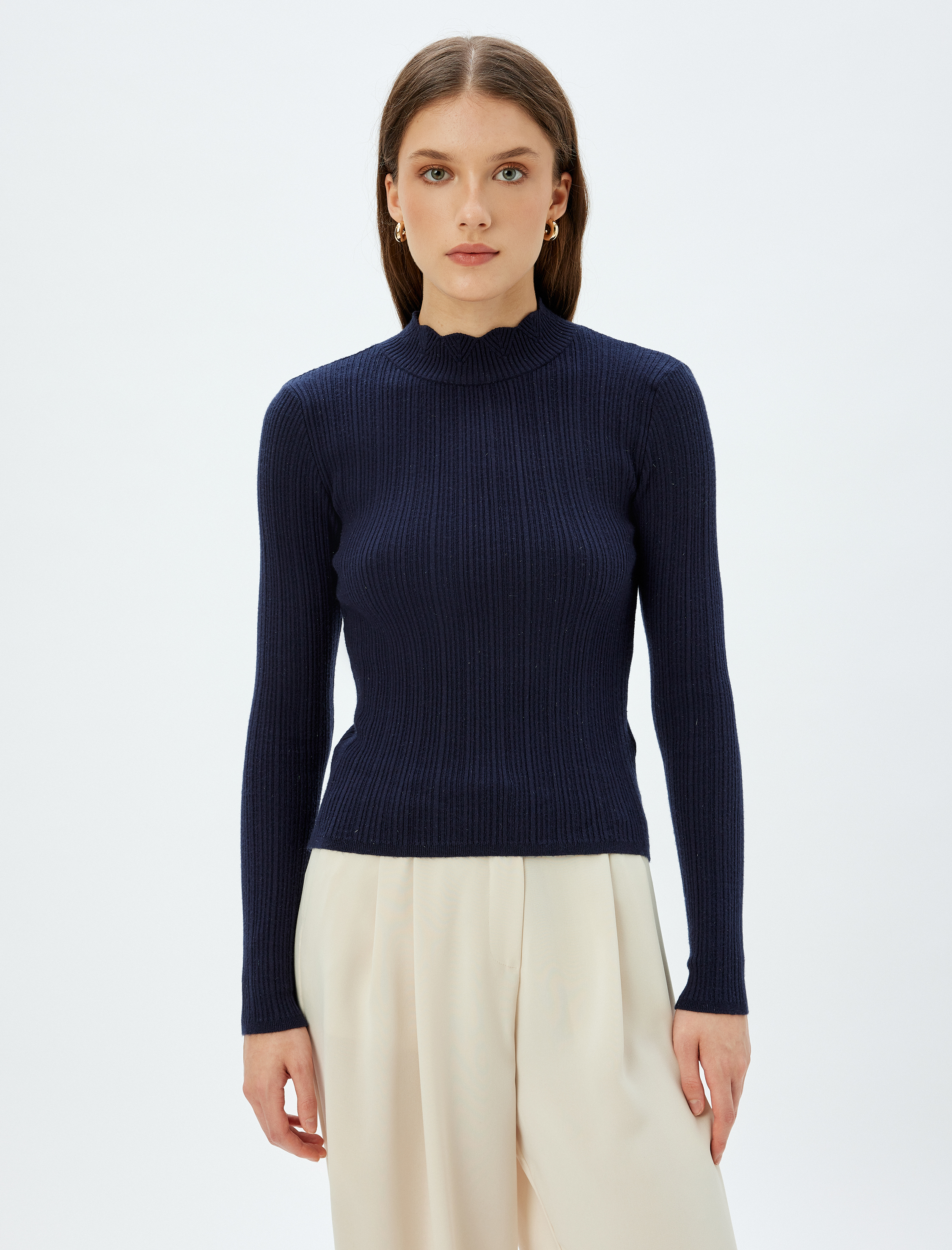 Triko Kazak Slim Fit Hafif Dik Yaka Uzun Kollu