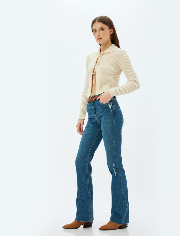  İspanyol Paça Kot Pantolon Yıpratılmış Yüksek Bel Slim Fit - Flare Jeans