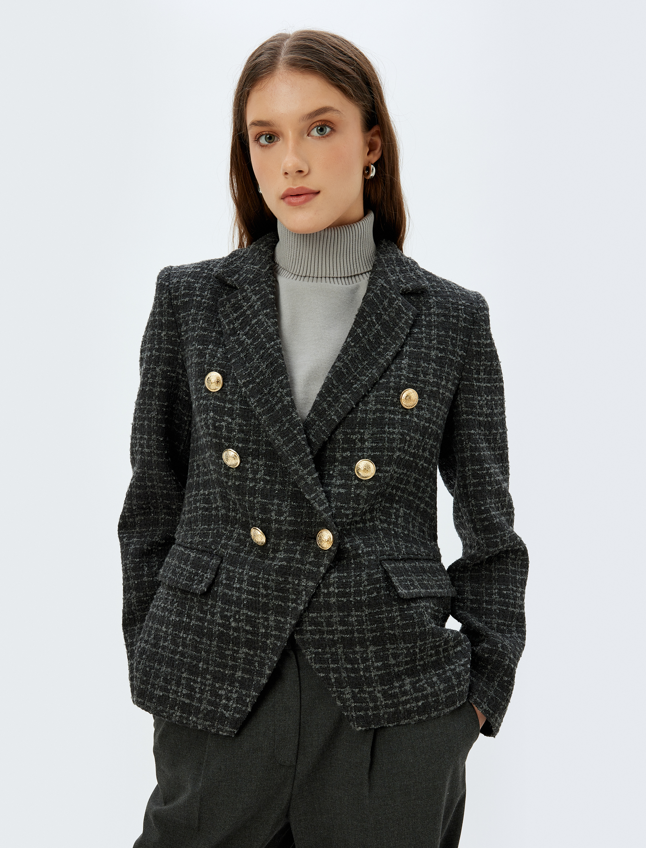   Tüvit Blazer Ceket Kruvaze Gold Düğme Detaylı Slim Fit