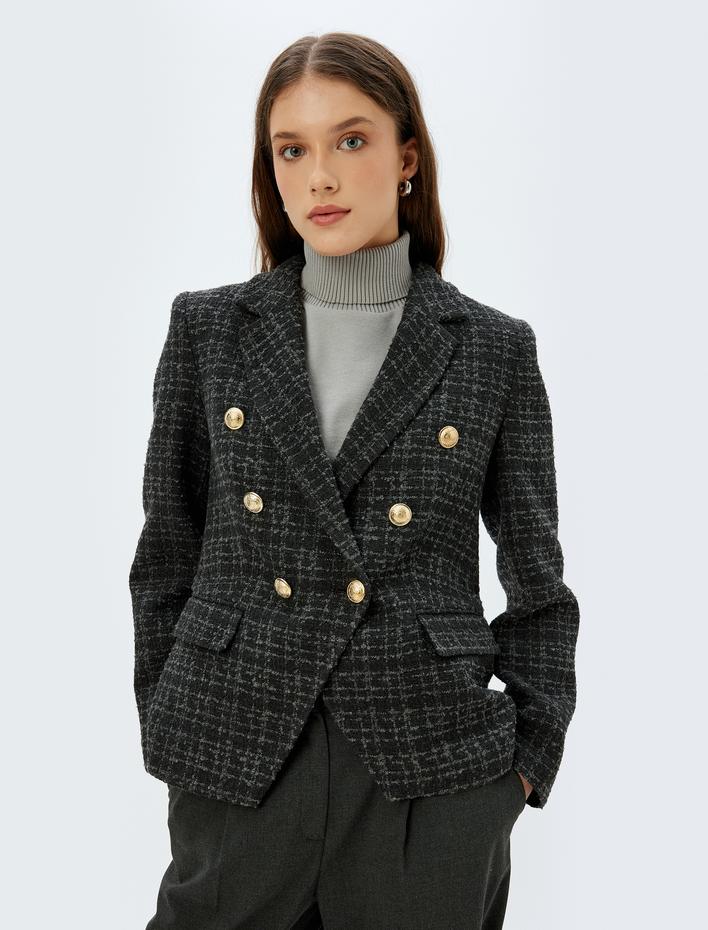  Tüvit Blazer Ceket Kruvaze Gold Düğme Detaylı Slim Fit