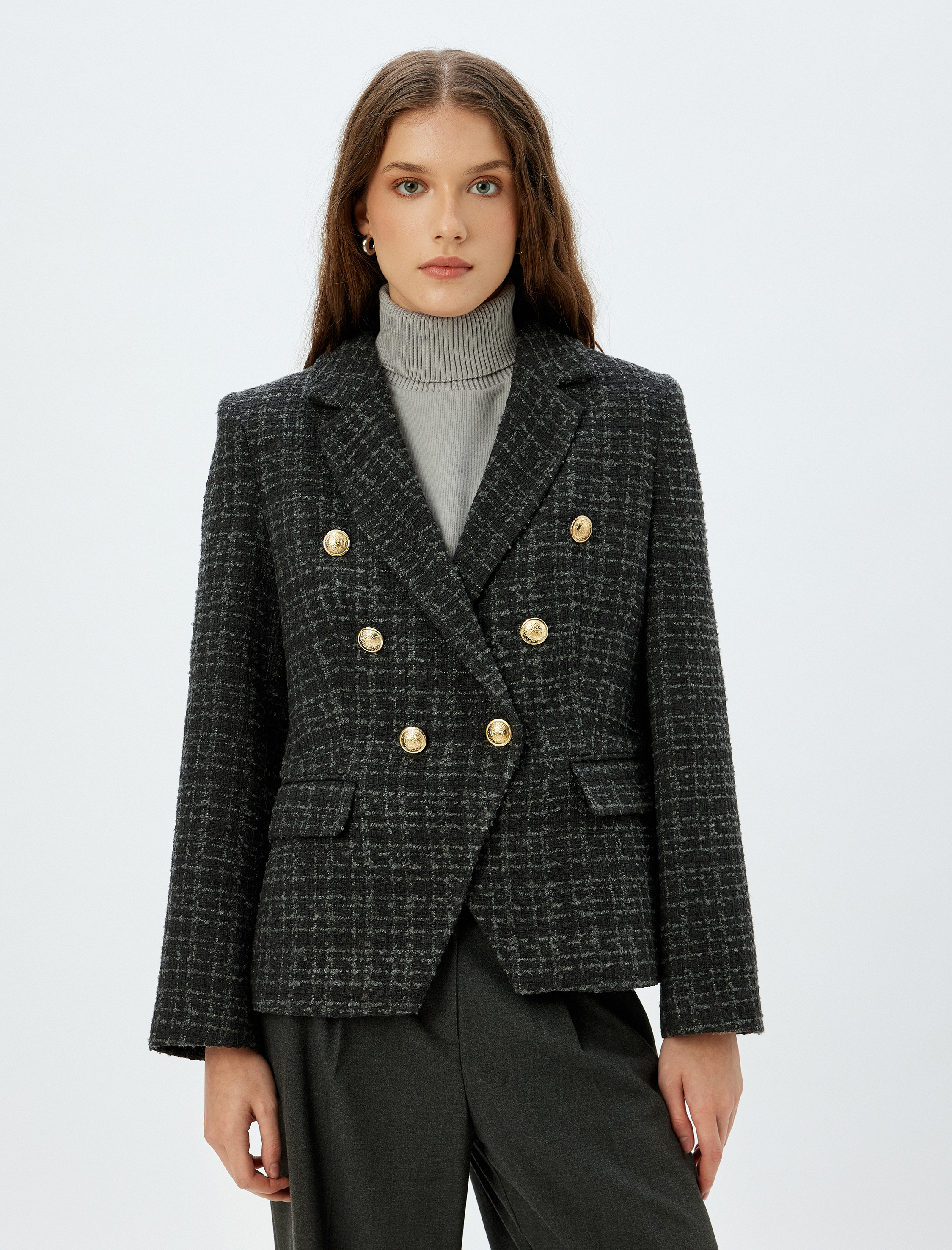   Tüvit Blazer Ceket Kruvaze Gold Düğme Detaylı Slim Fit