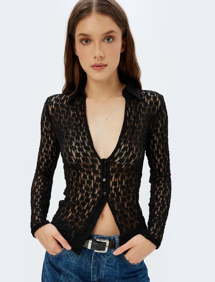  Koton X Zeynep Bastık - Dantel Gömlek Yarı Transparan Uzun Kollu