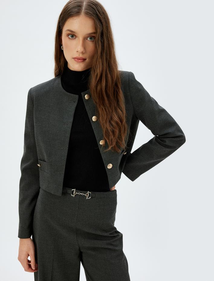  Crop Blazer Ceket Yakasız Gold Düğme Detaylı
