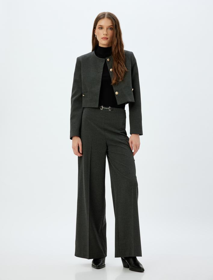  Crop Blazer Ceket Yakasız Gold Düğme Detaylı