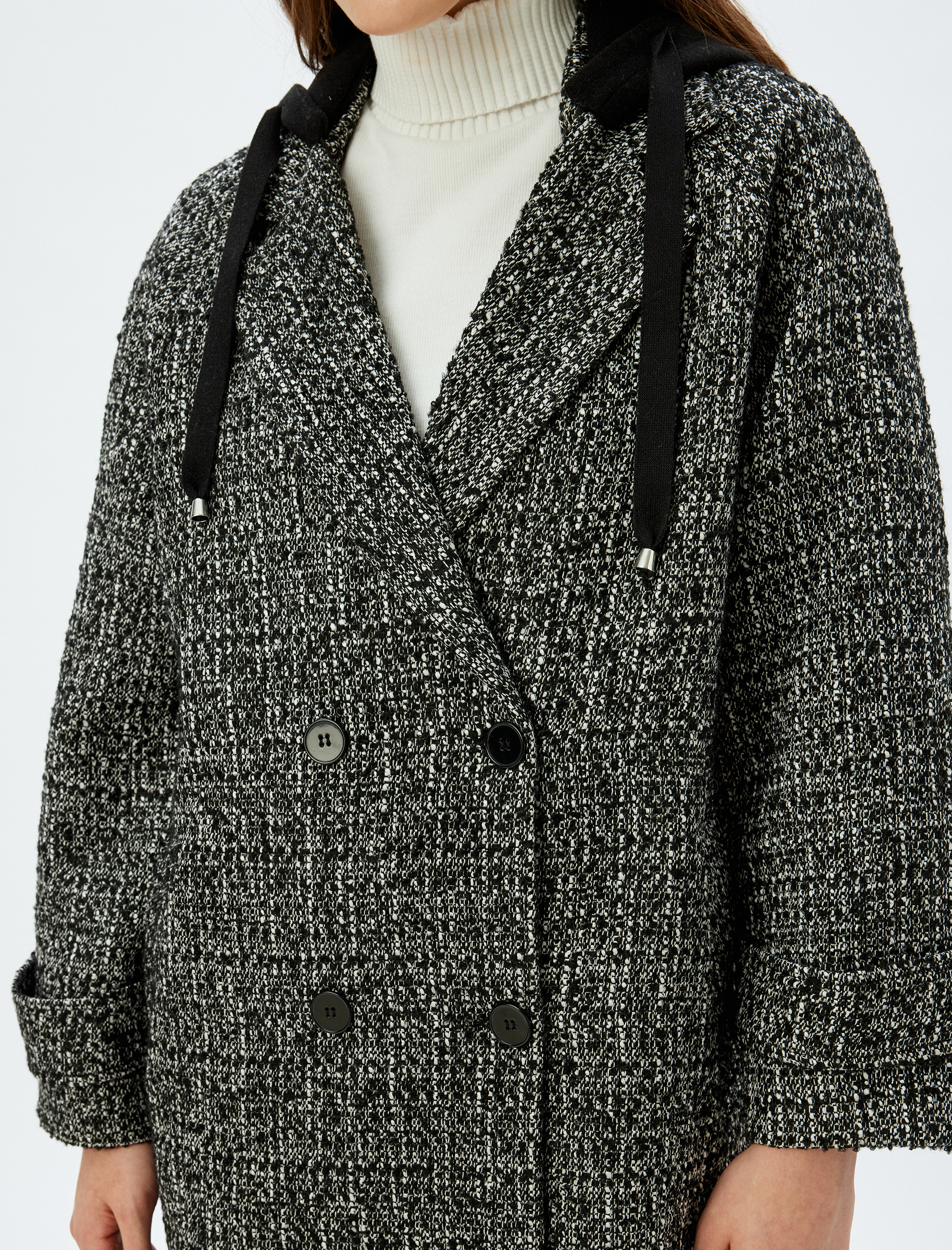   Çıkarılabilir Kapüşonlu Cepli Düğmeli Uzun Kruvaze Kaban