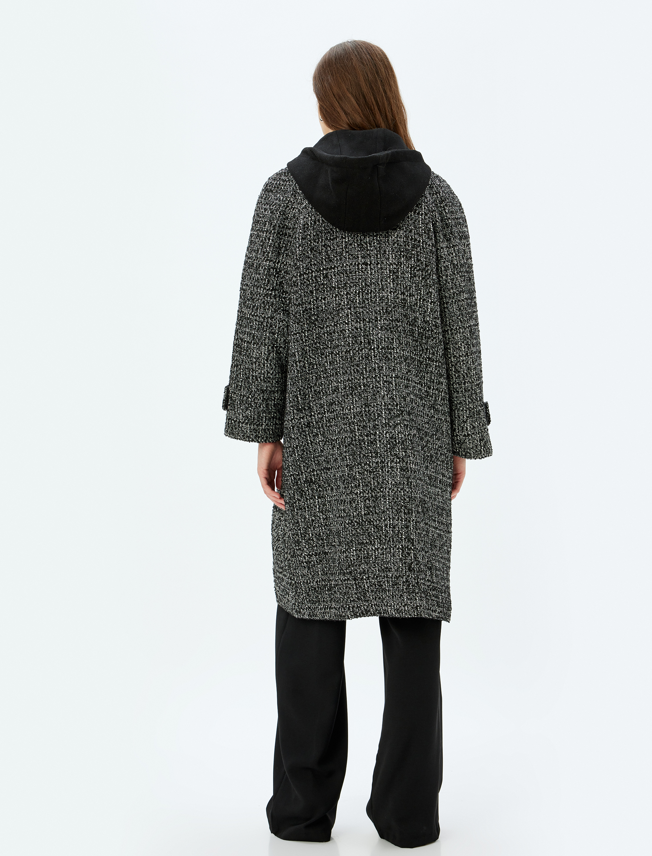   Çıkarılabilir Kapüşonlu Cepli Düğmeli Uzun Kruvaze Kaban