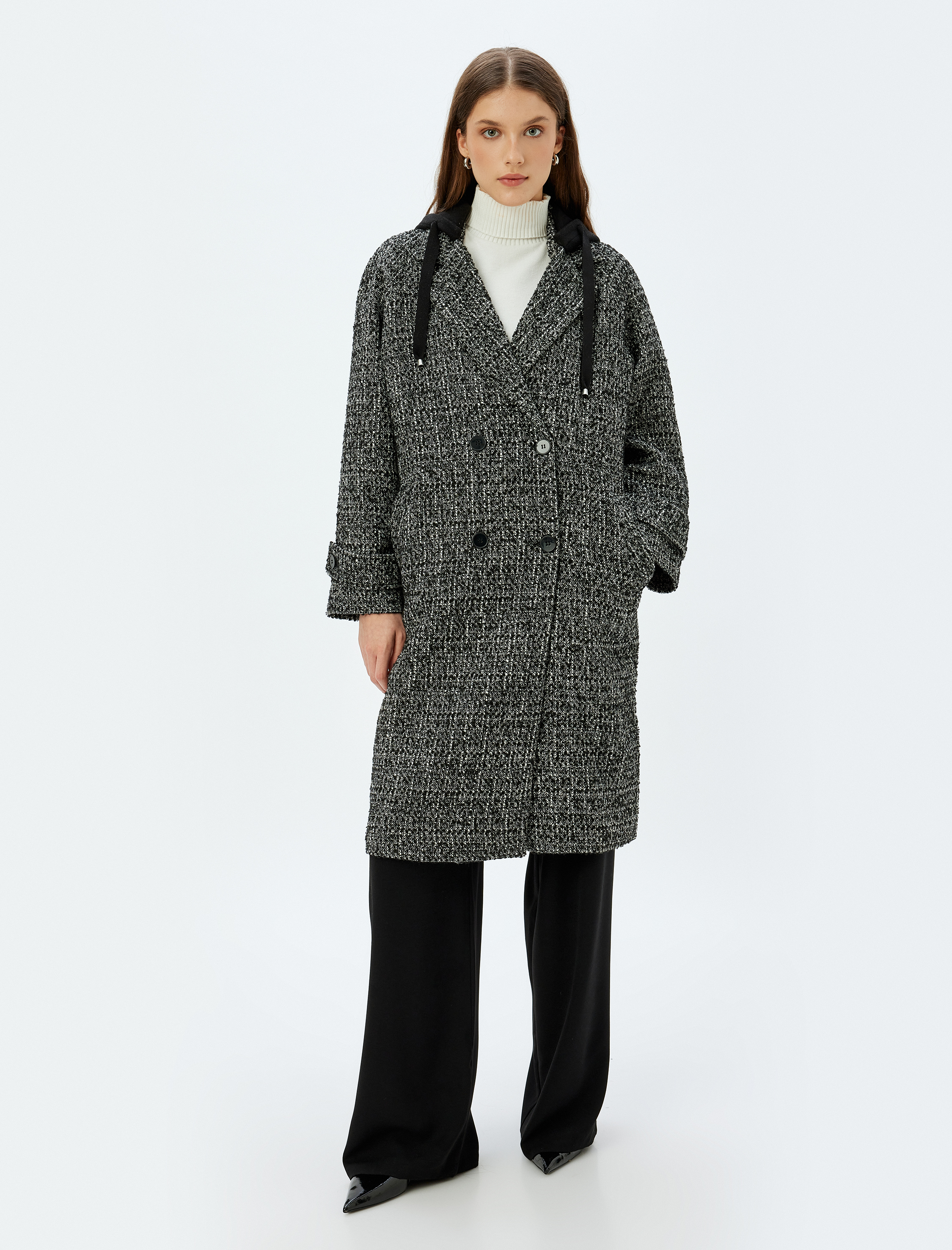   Çıkarılabilir Kapüşonlu Cepli Düğmeli Uzun Kruvaze Kaban