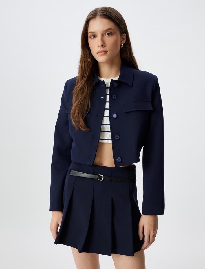  Crop Ceket Düğmeli Kapaklı Cep Detaylı