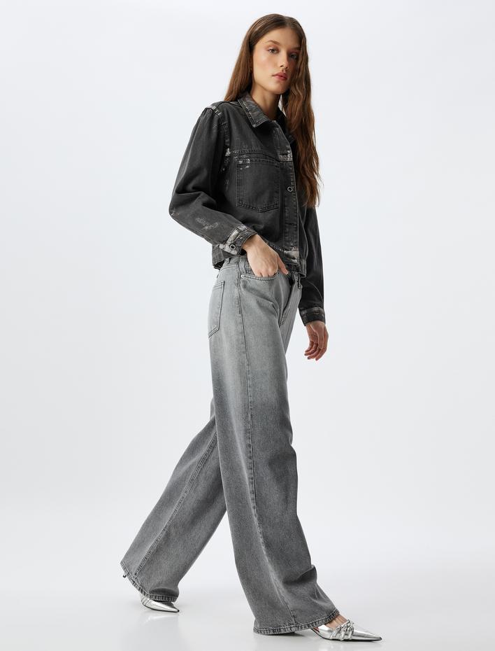  Geniş Paça Kot Pantolon Standart Bel Düğmeli Cepli - Wide Leg Jeans