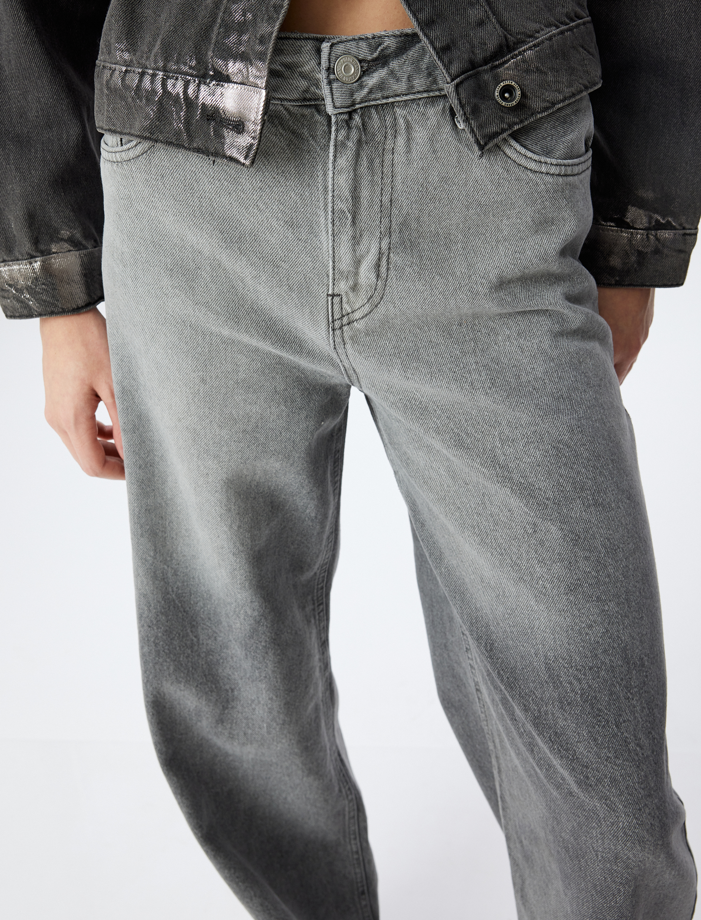   Geniş Paça Kot Pantolon Standart Bel Düğmeli Cepli - Wide Leg Jeans