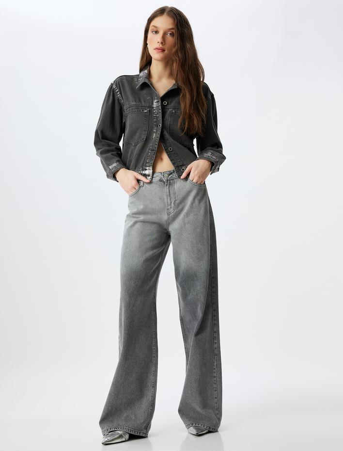  Geniş Paça Kot Pantolon Standart Bel Düğmeli Cepli - Wide Leg Jeans