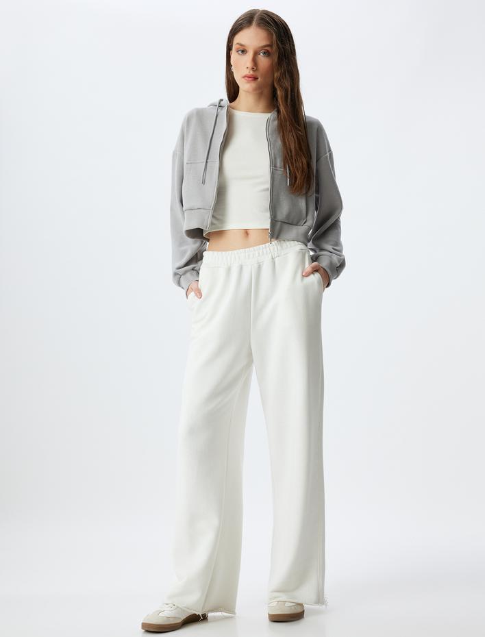  Cepli Uzun Kollu Crop Kapüşonlu Fermuarlı Sweatshirt