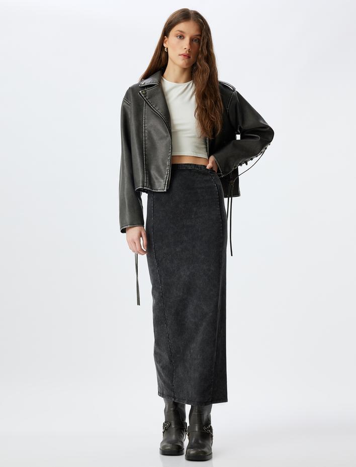  Uzun Kalem Etek Yüksek Bel Soluk Efektli Arkadan Yırtmaçlı Slim Fit