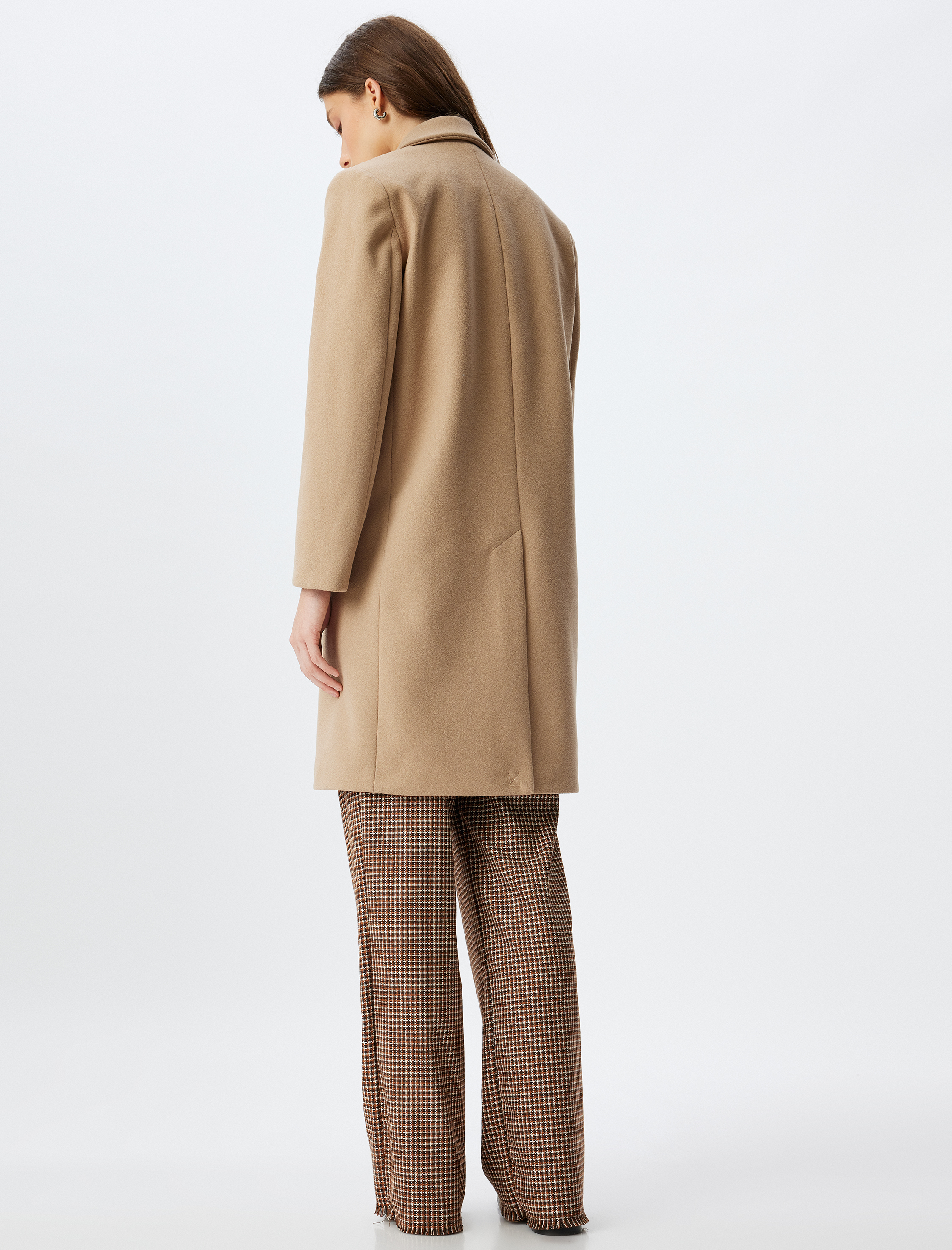   Uzun Kruvaze Kaşe Kaban Düğmeli Cepli