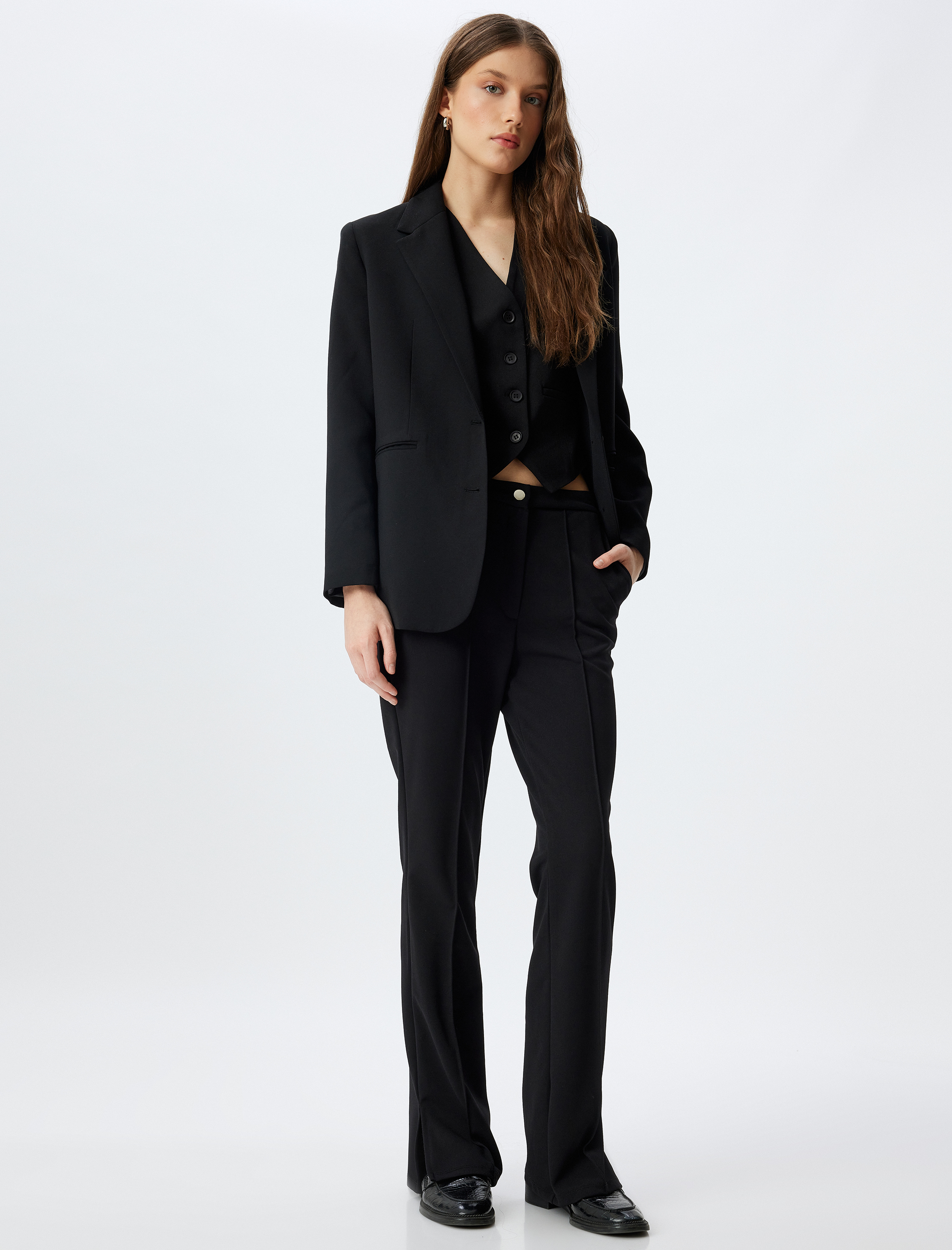 Yırtmaç Detaylı Kumaş Pantolon Cepli Standart Bel