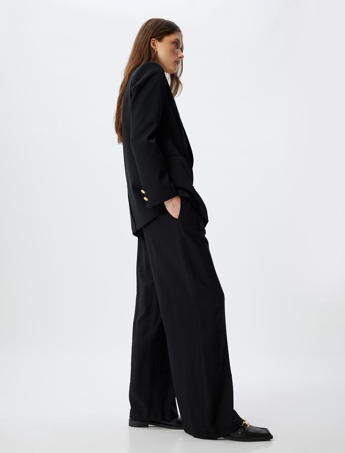  Pile Detaylı Cepli Geniş Paça Viskon Kumaş Pantolon