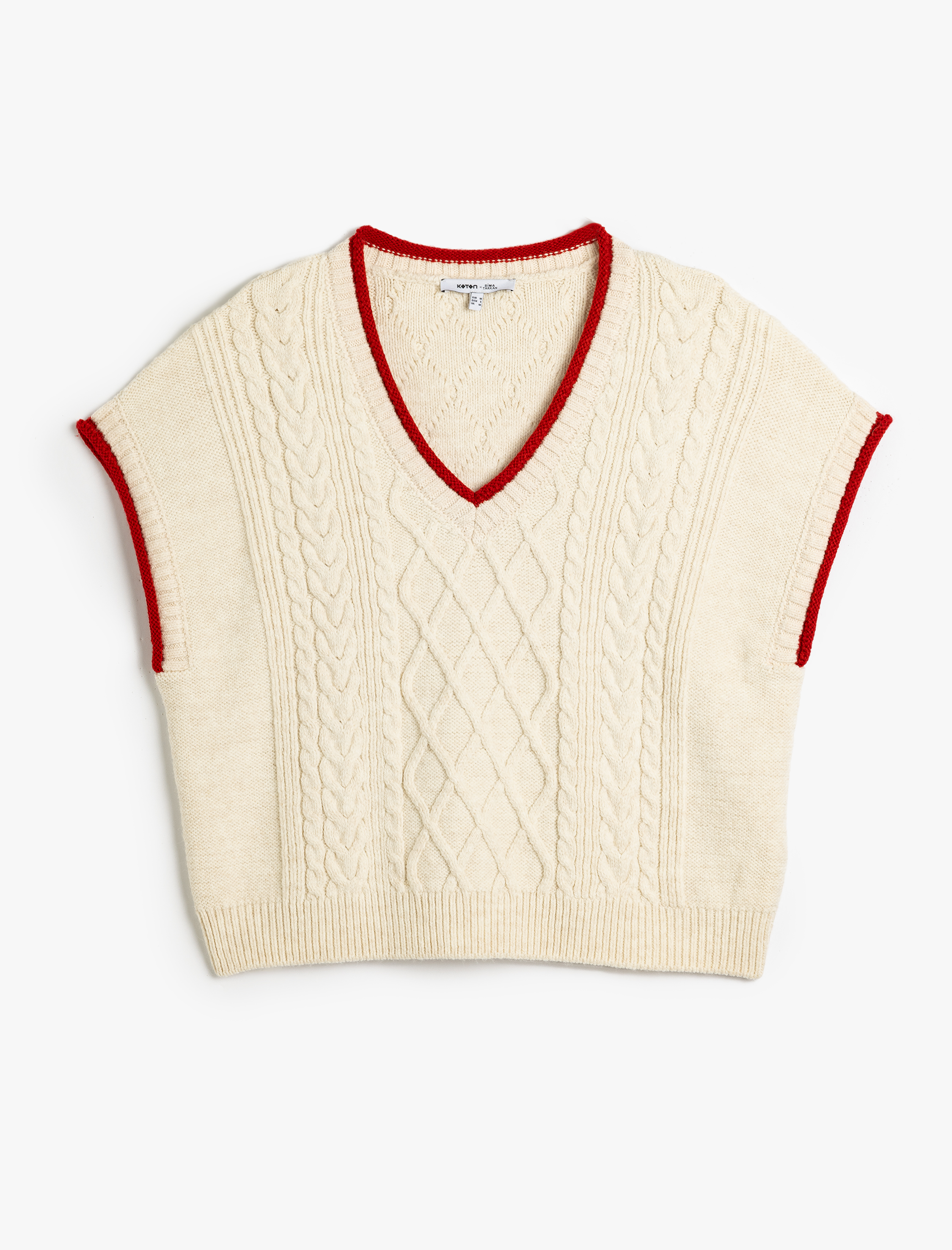   Koton X Sima Tarkan - V Yaka Renk Kontrast Detaylı Saç Örgü Oversize Süveter