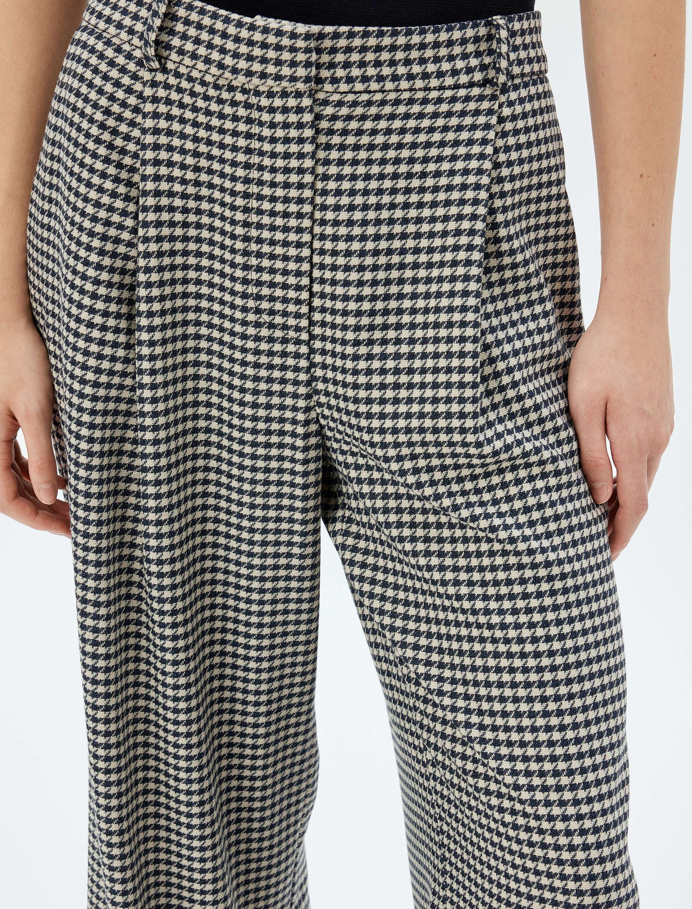   Kazayağı Desenli Palazzo Pantolon Geniş Paça Standart Bel Pile Detaylı