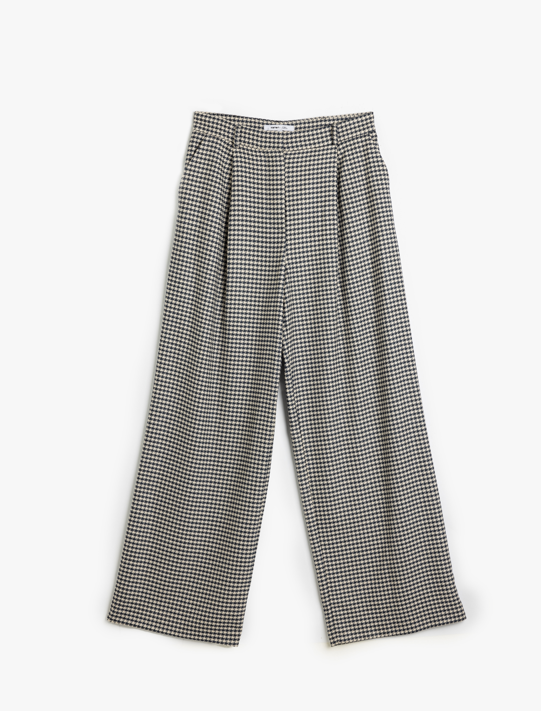   Kazayağı Desenli Palazzo Pantolon Geniş Paça Standart Bel Pile Detaylı