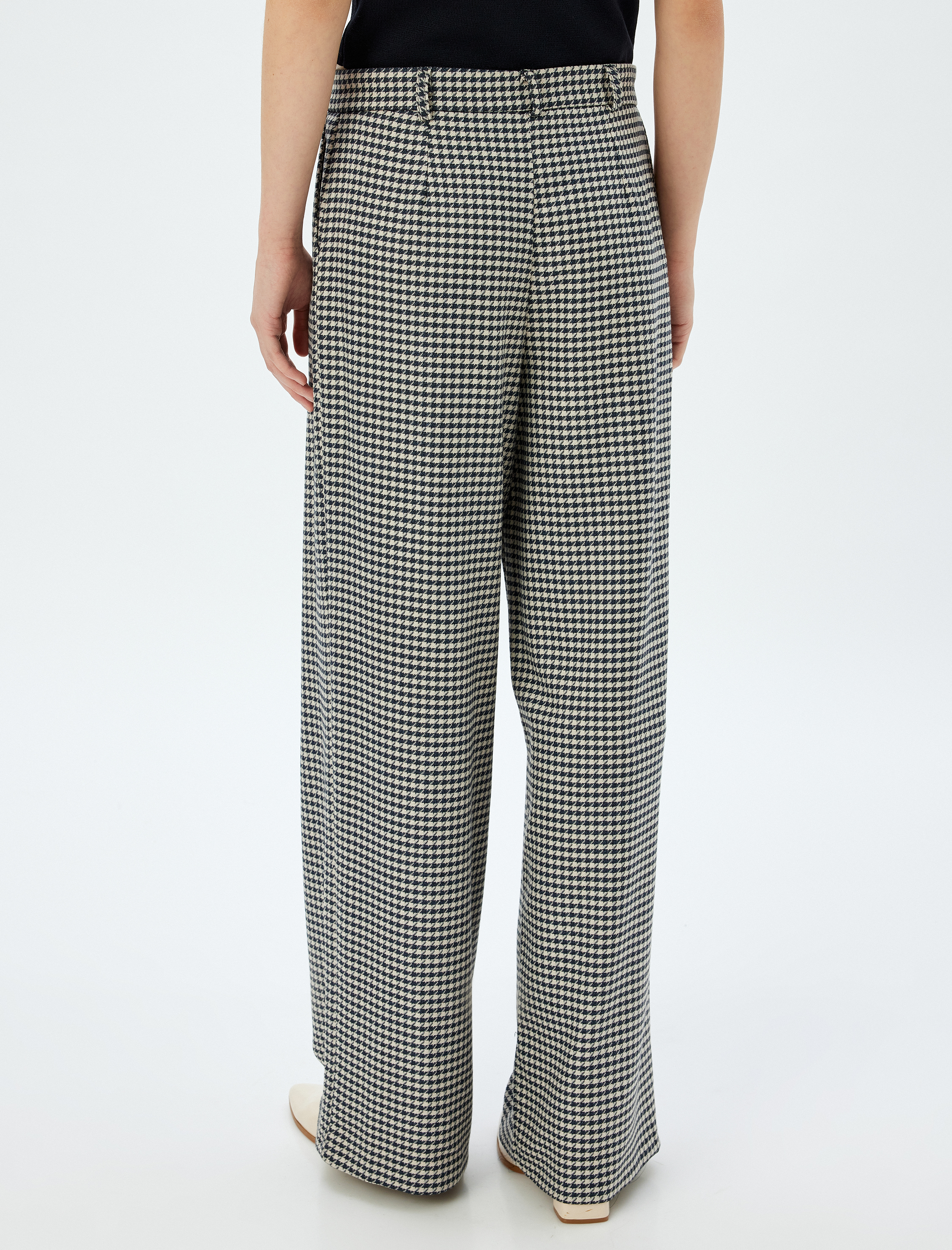   Kazayağı Desenli Palazzo Pantolon Geniş Paça Standart Bel Pile Detaylı