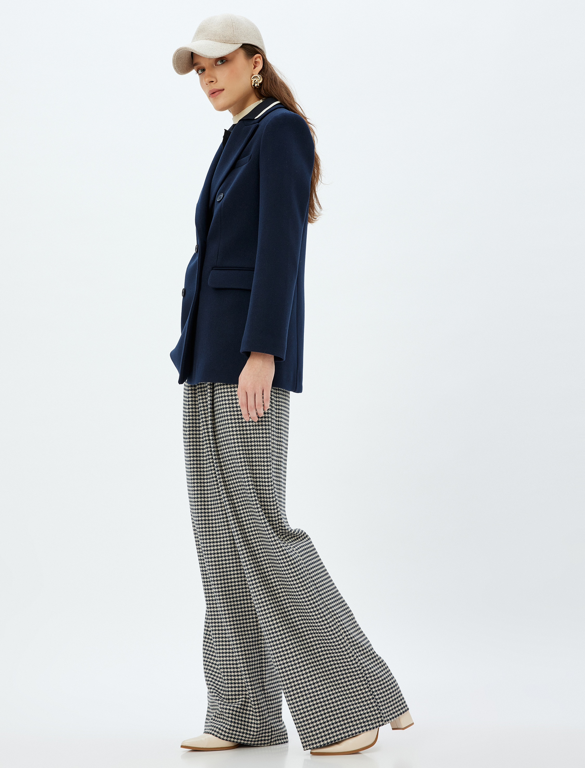   Kazayağı Desenli Palazzo Pantolon Geniş Paça Standart Bel Pile Detaylı