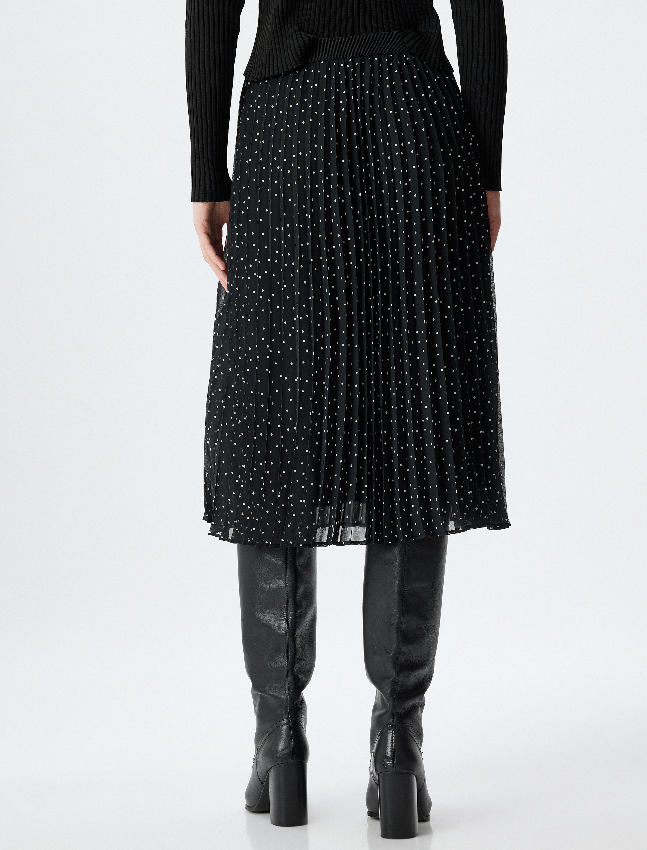   Astarlı Yüksek Bel Puantiye Detaylı Midi Boy Pileli Şifon Etek