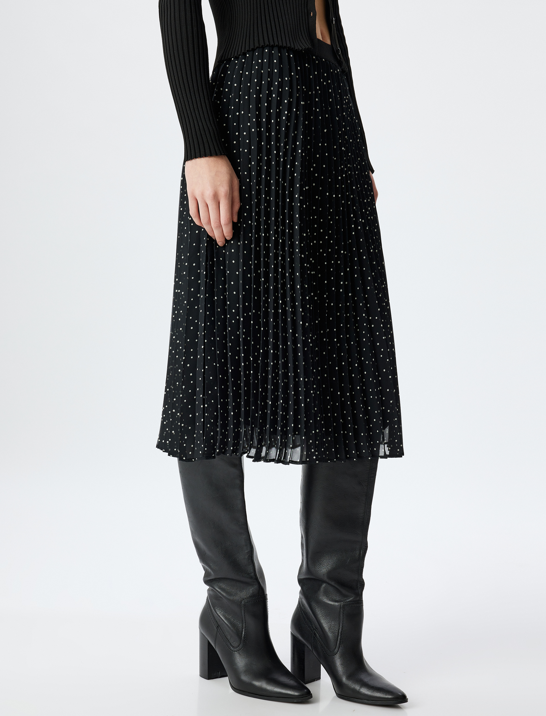   Astarlı Yüksek Bel Puantiye Detaylı Midi Boy Pileli Şifon Etek