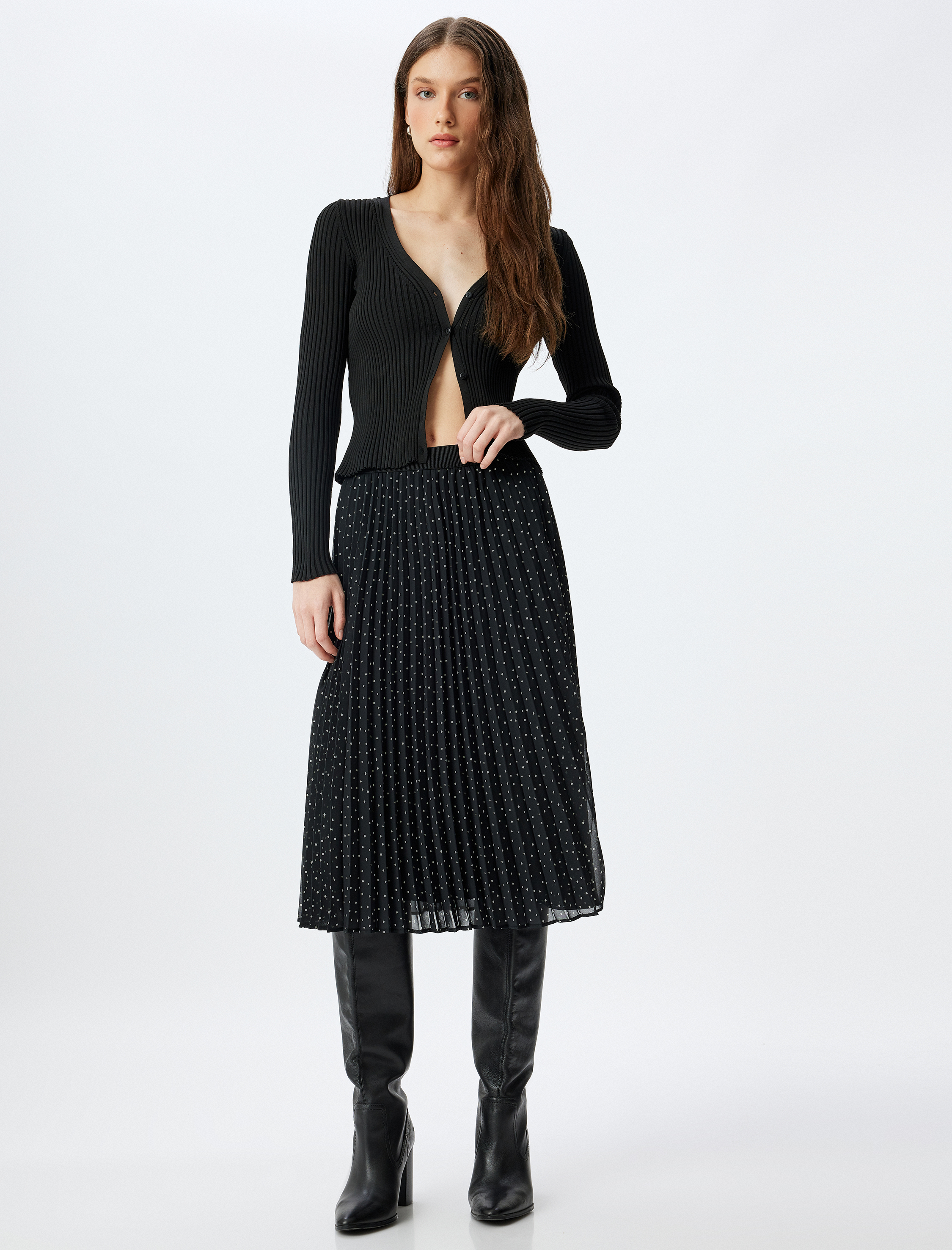   Astarlı Yüksek Bel Puantiye Detaylı Midi Boy Pileli Şifon Etek